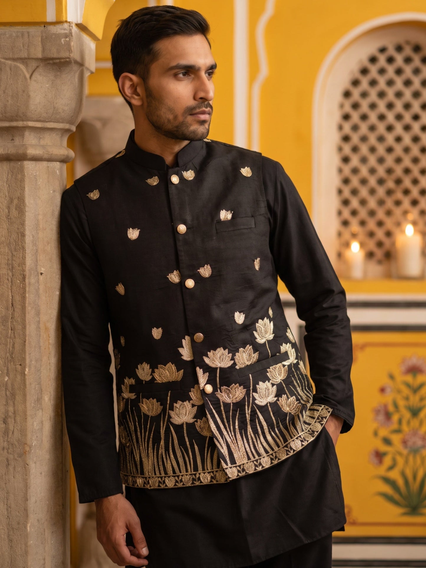 Men Silk Blend Embroidered Nehru Jacket ( 65WC 4181Black )