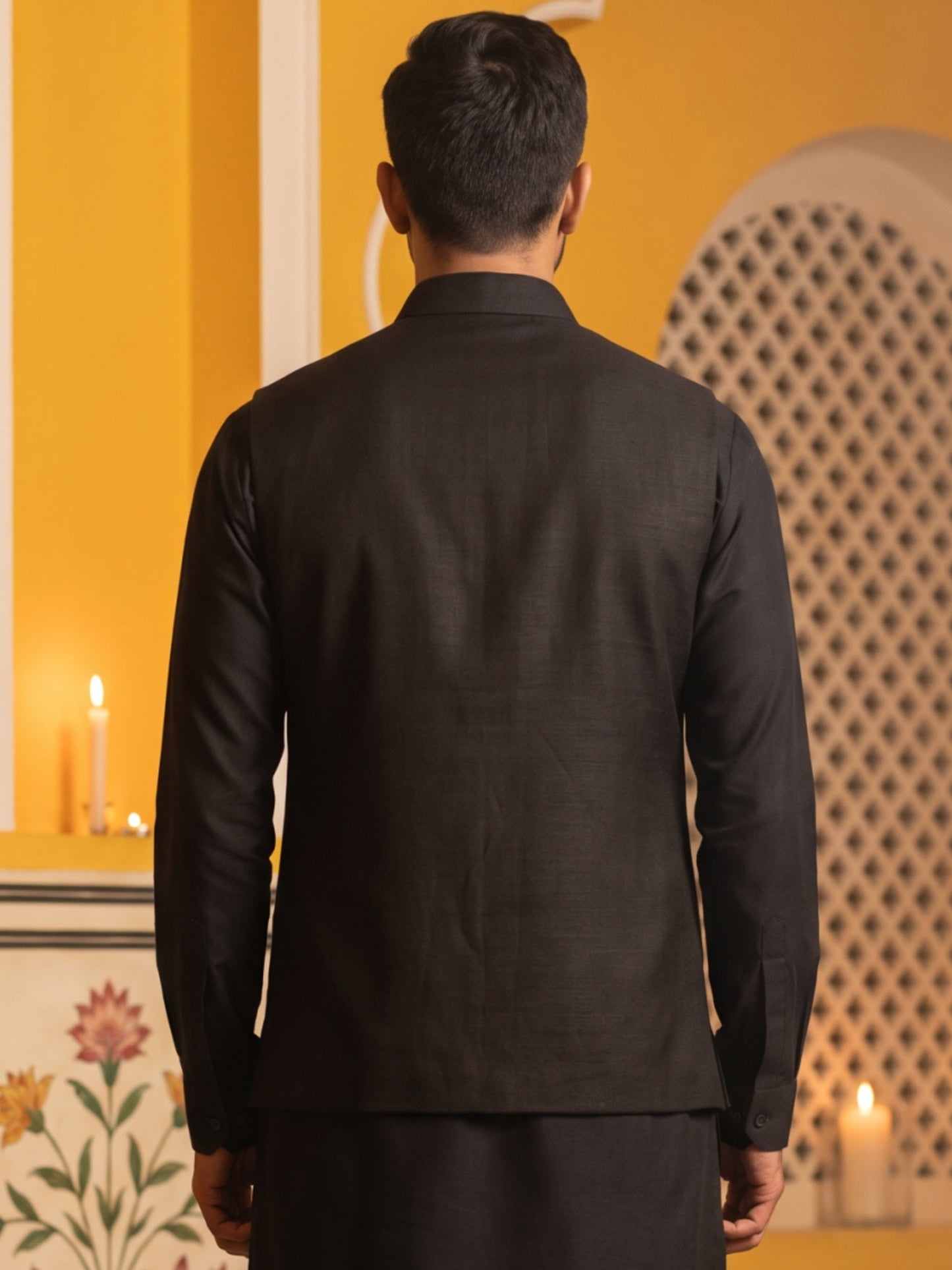 Men Silk Blend Embroidered Nehru Jacket ( 65WC 4181Black )