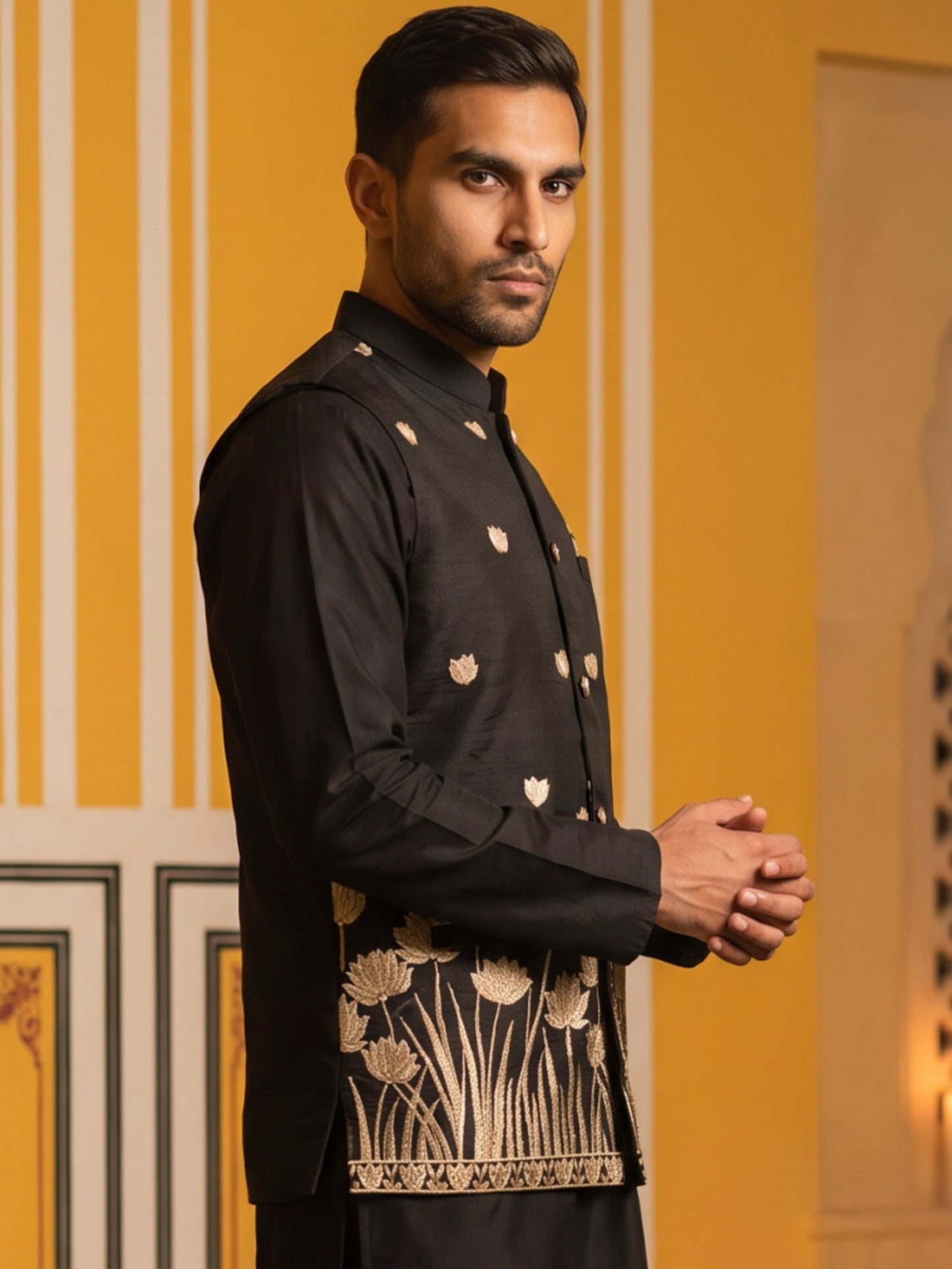 Men Silk Blend Embroidered Nehru Jacket ( 65WC 4181Black )