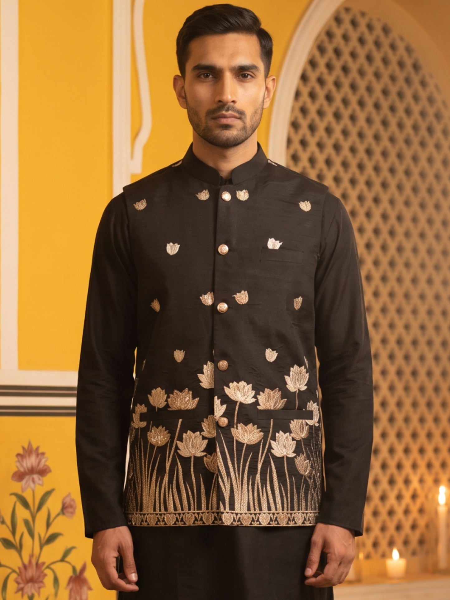 Men Silk Blend Embroidered Nehru Jacket ( 65WC 4181Black )