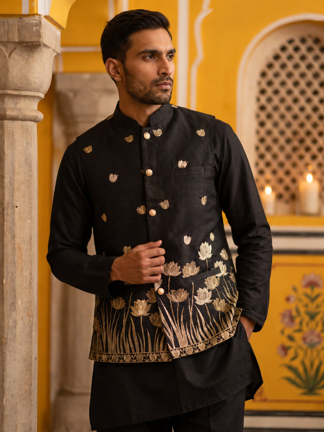 Men Silk Blend Embroidered Nehru Jacket ( 65WC 4181Black )