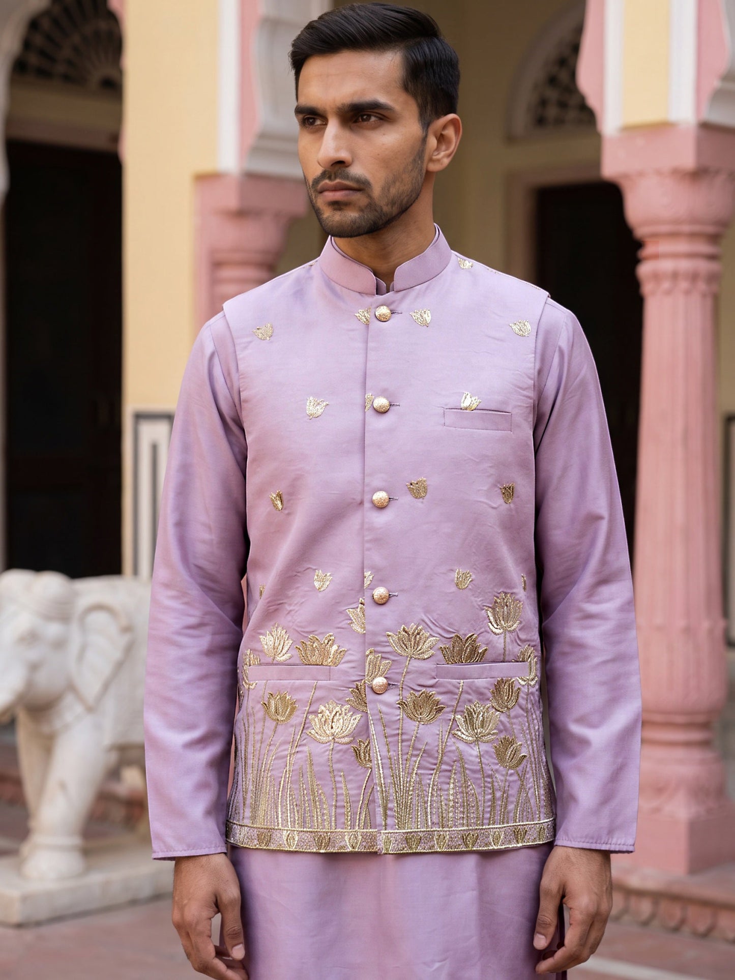 Men Silk Blend Embroidered Nehru Jacket ( 65WC 4181Lavender )