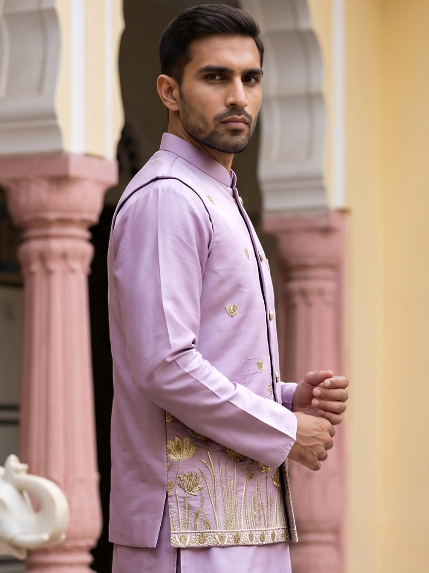 Men Silk Blend Embroidered Nehru Jacket ( 65WC 4181Lavender )