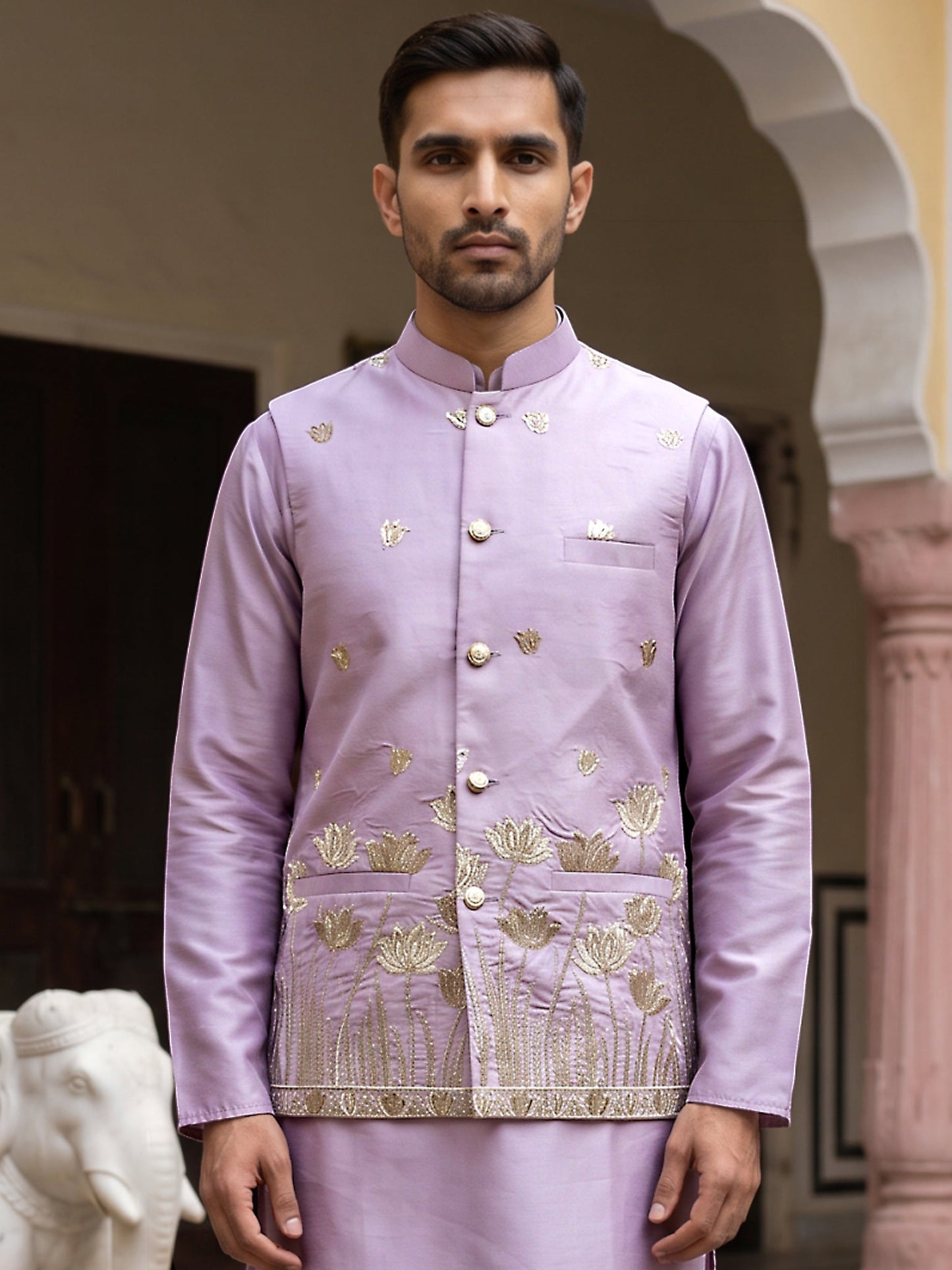 Men Silk Blend Embroidered Nehru Jacket ( 65WC 4181Lavender )
