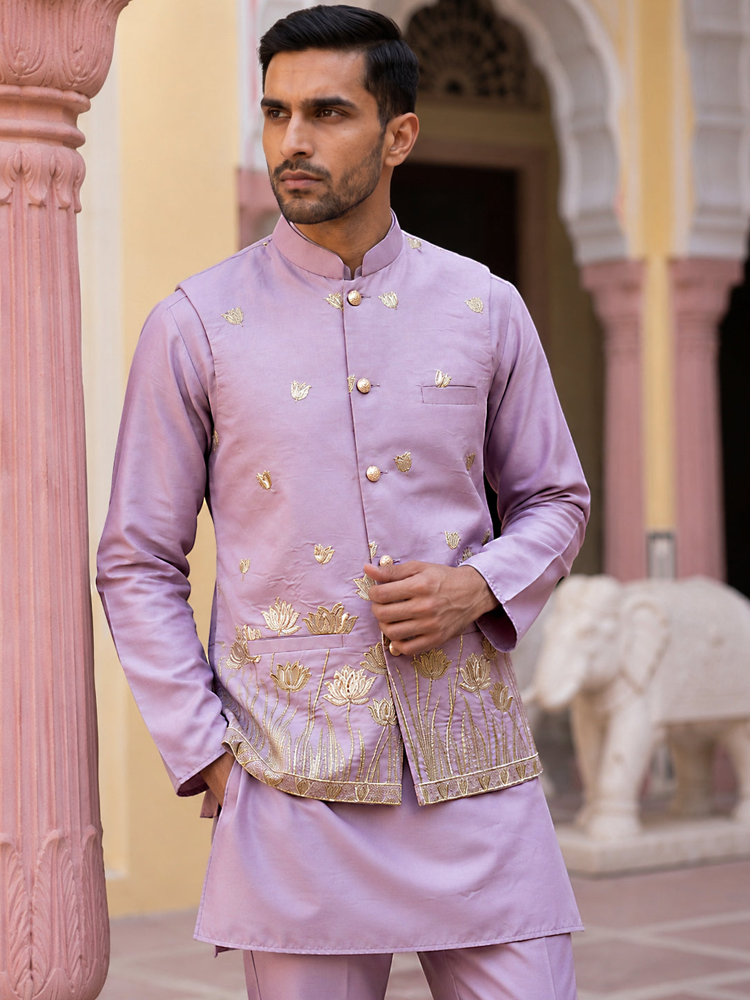 Men Silk Blend Embroidered Nehru Jacket ( 65WC 4181Lavender )