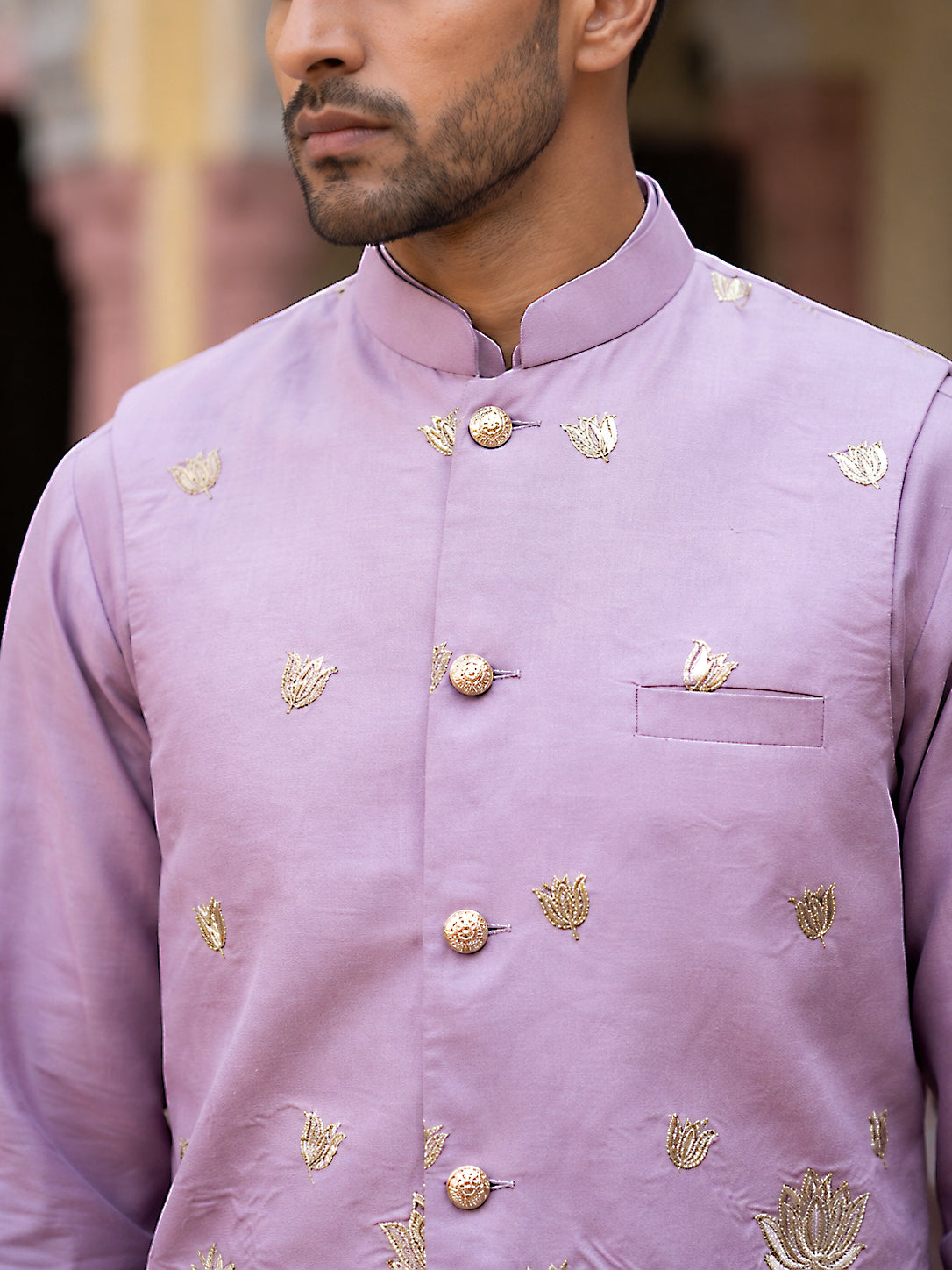 Men Silk Blend Embroidered Nehru Jacket ( 65WC 4181Lavender )