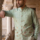 Men Silk Blend Embroidered Nehru Jacket ( 65WC 4181Pista )