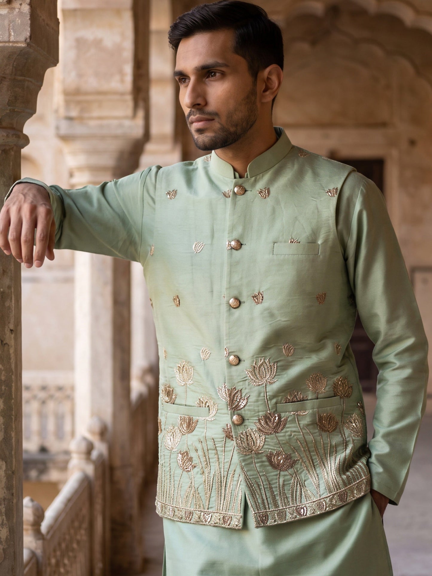 Men Silk Blend Embroidered Nehru Jacket ( 65WC 4181Pista )