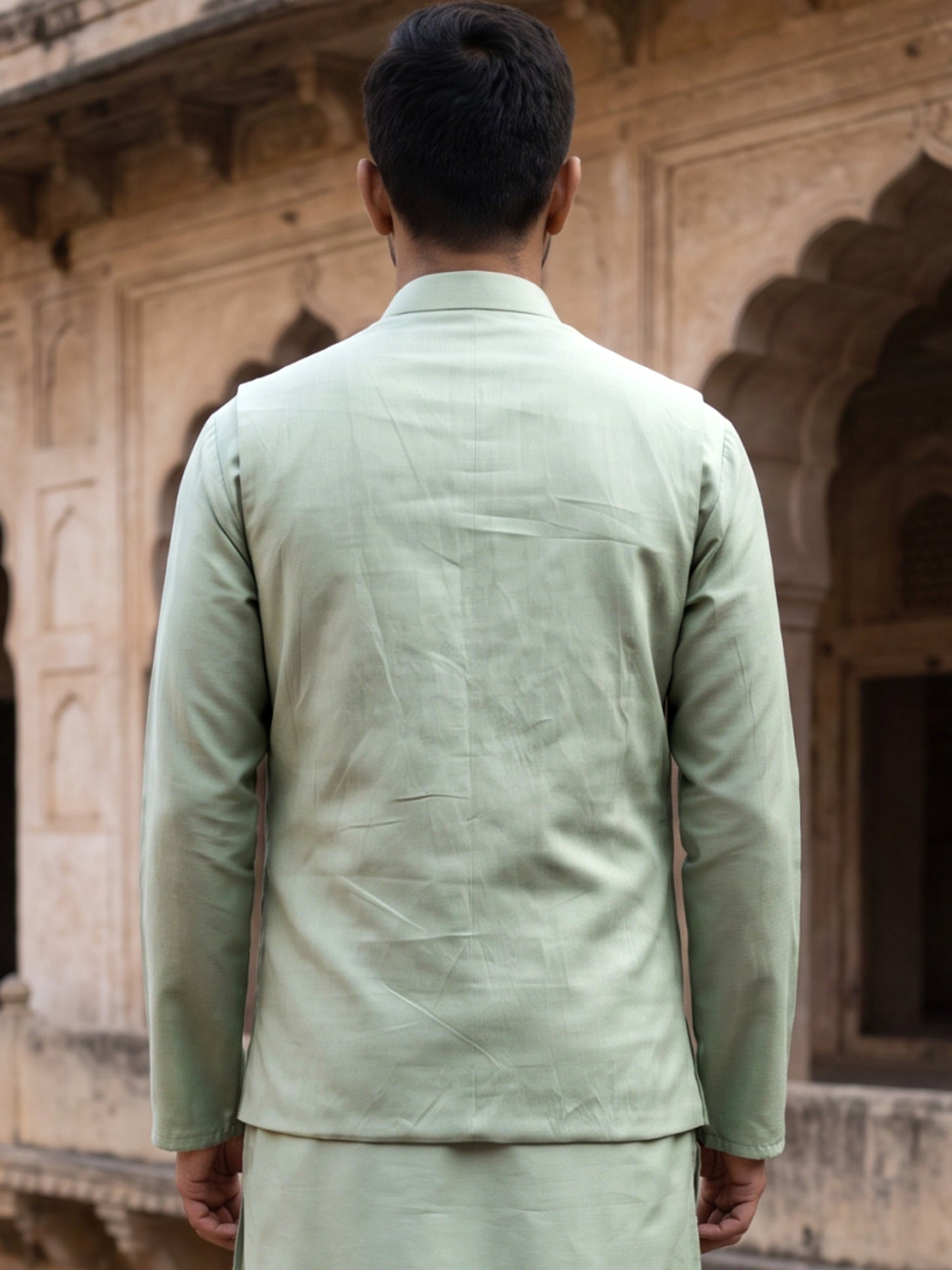 Men Silk Blend Embroidered Nehru Jacket ( 65WC 4181Pista )