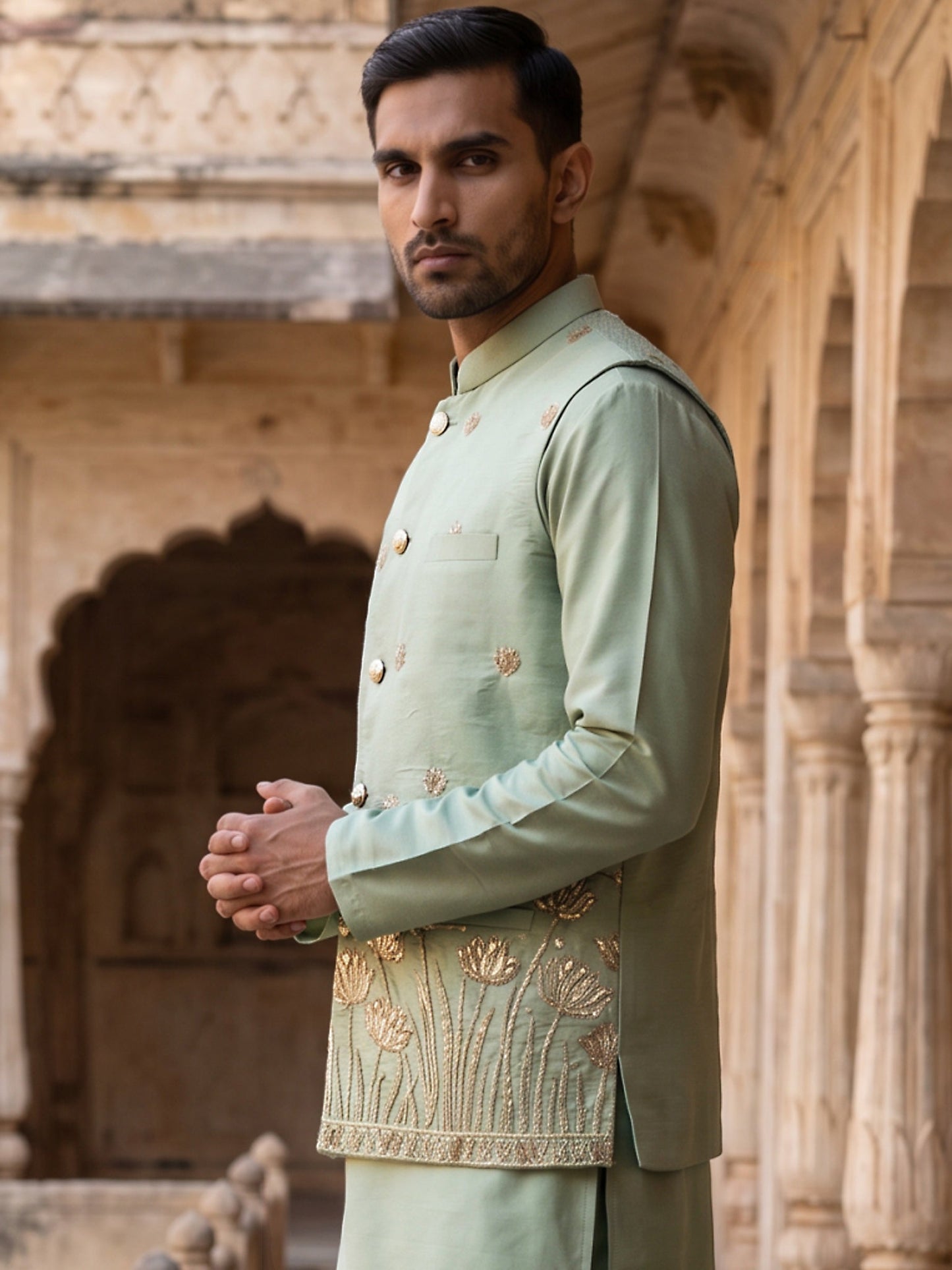 Men Silk Blend Embroidered Nehru Jacket ( 65WC 4181Pista )