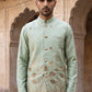 Men Silk Blend Embroidered Nehru Jacket ( 65WC 4181Pista )