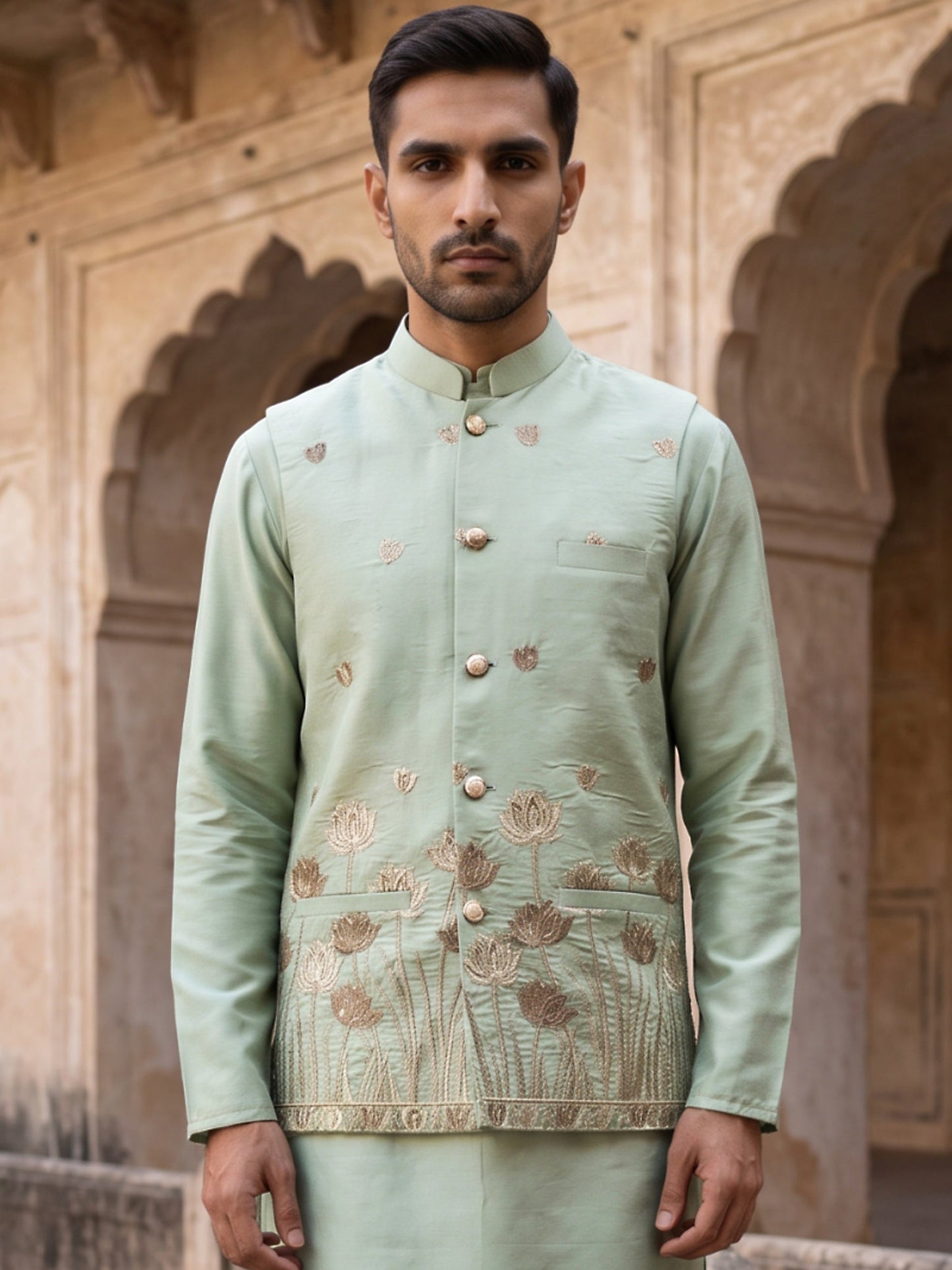 Men Silk Blend Embroidered Nehru Jacket ( 65WC 4181Pista )