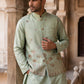 Men Silk Blend Embroidered Nehru Jacket ( 65WC 4181Pista )