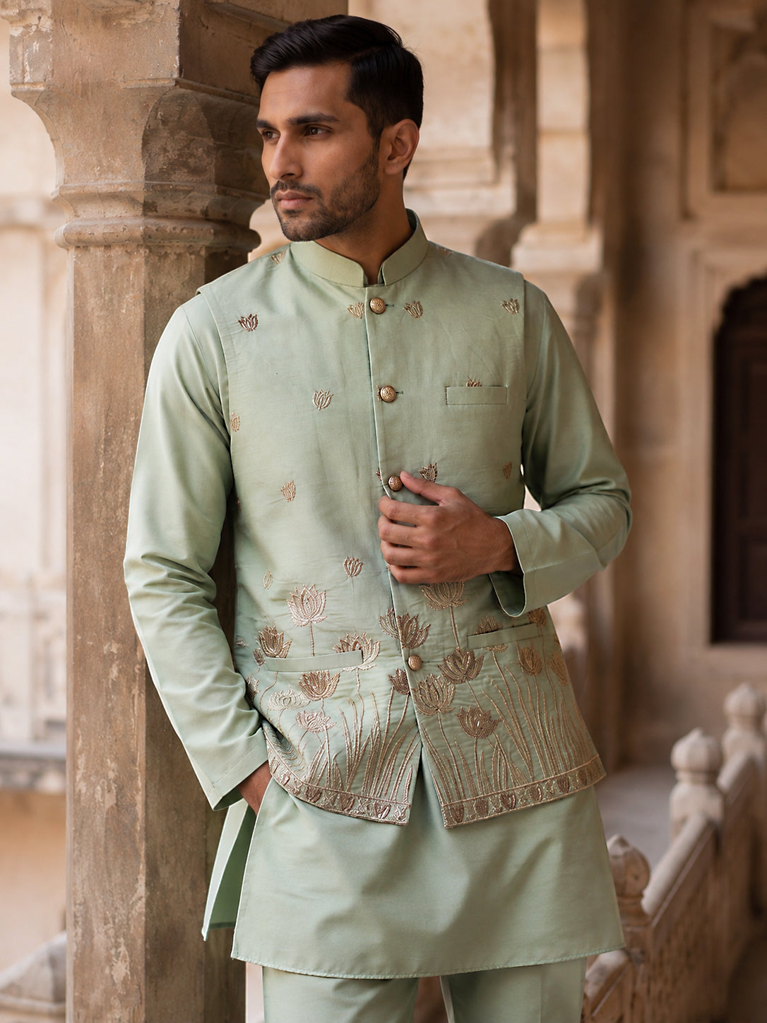 Men Silk Blend Embroidered Nehru Jacket ( 65WC 4181Pista )