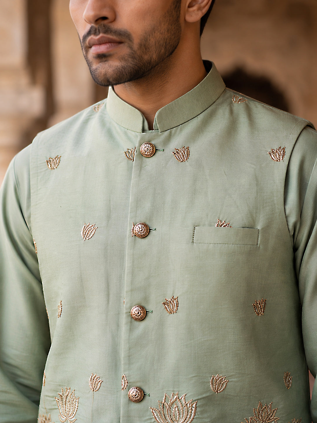 Men Silk Blend Embroidered Nehru Jacket ( 65WC 4181Pista )
