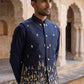 Men Silk Blend Embroidered Nehru Jacket ( 65WC 4182Navy )