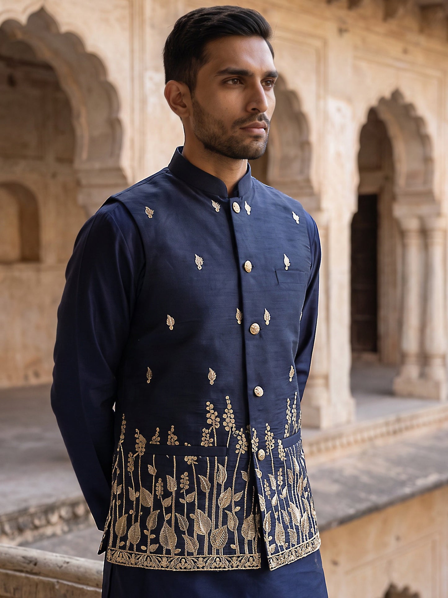 Men Silk Blend Embroidered Nehru Jacket ( 65WC 4182Navy )