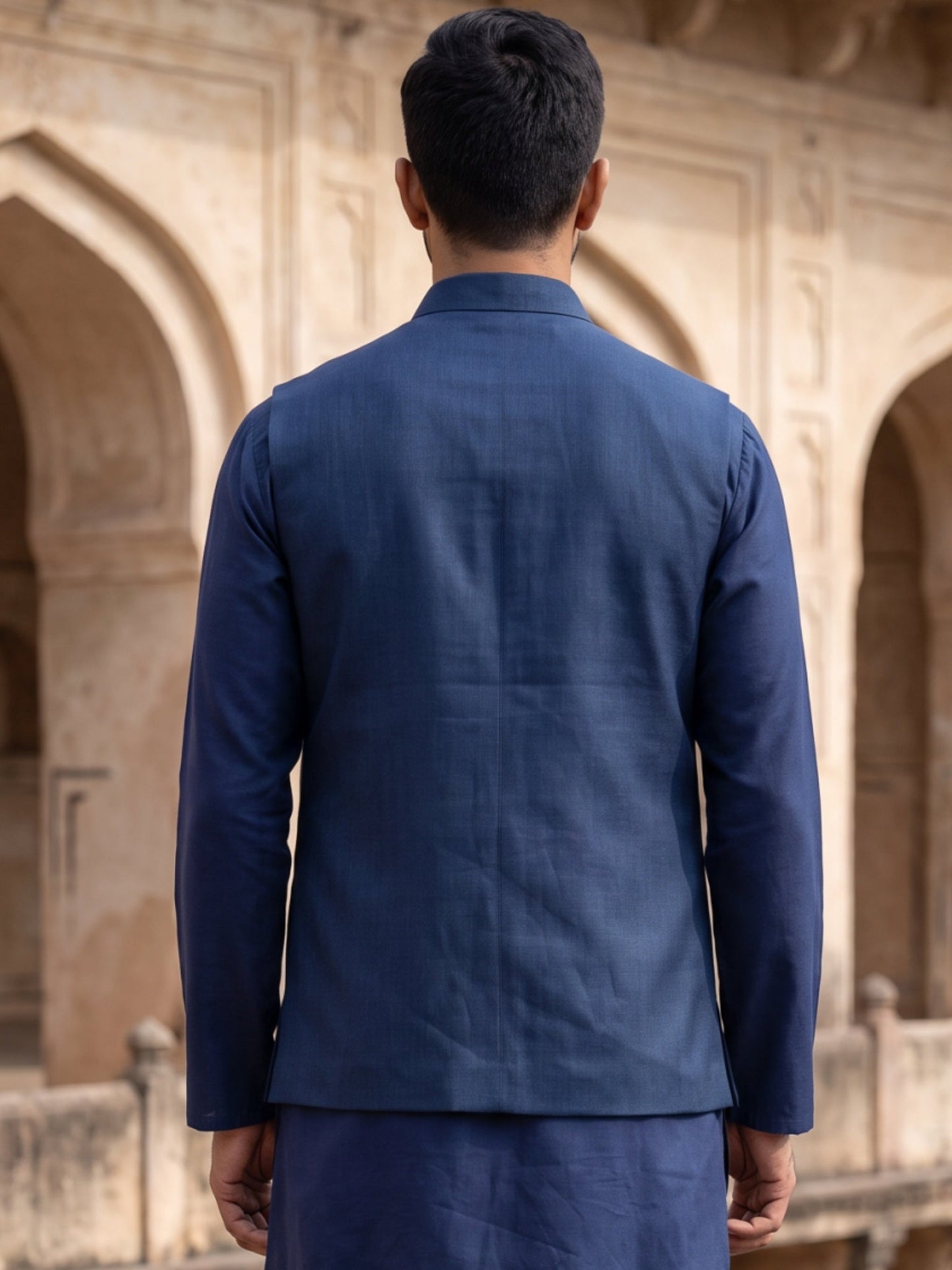 Men Silk Blend Embroidered Nehru Jacket ( 65WC 4182Navy )