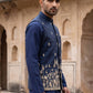 Men Silk Blend Embroidered Nehru Jacket ( 65WC 4182Navy )