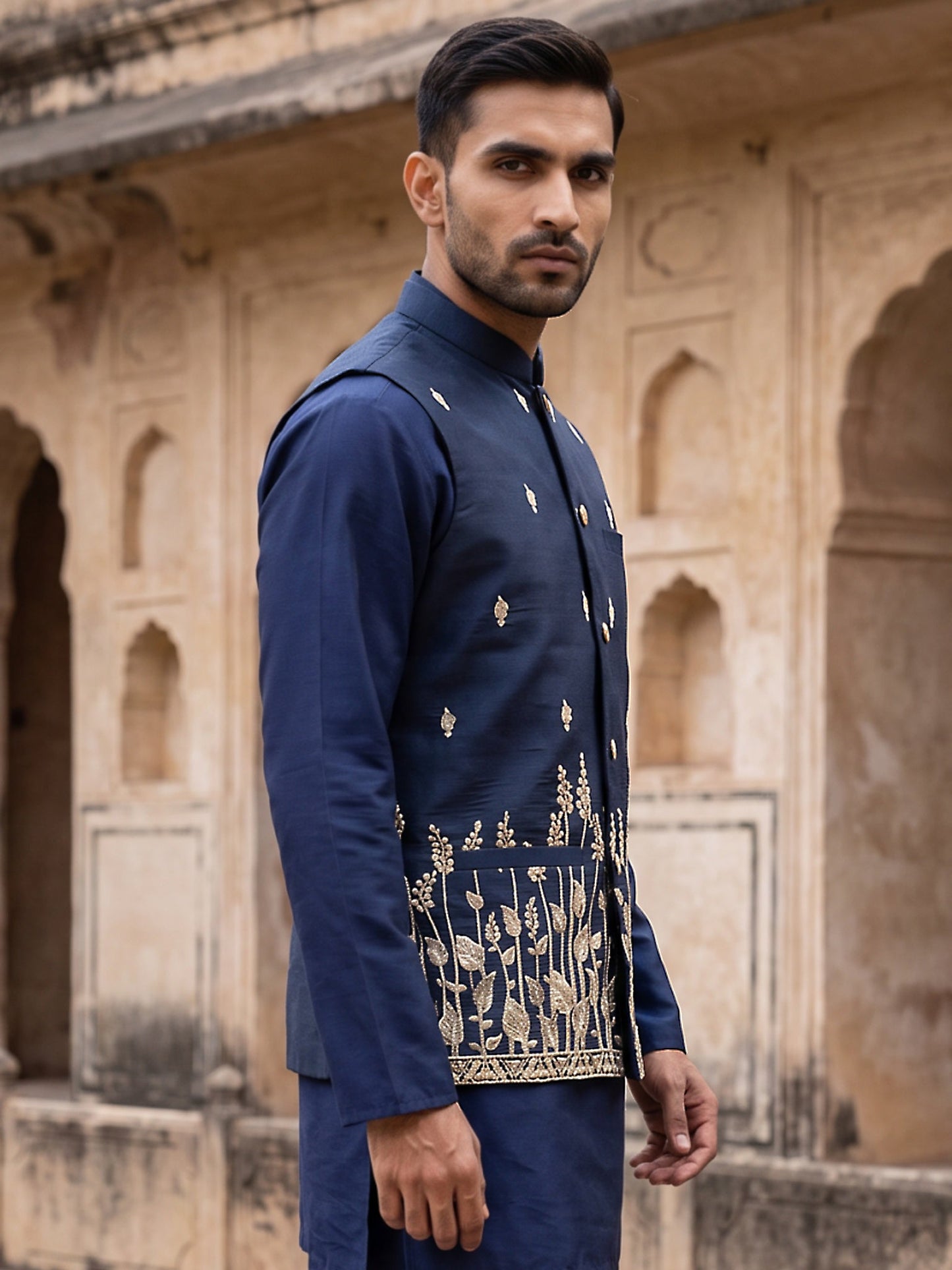 Men Silk Blend Embroidered Nehru Jacket ( 65WC 4182Navy )