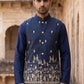 Men Silk Blend Embroidered Nehru Jacket ( 65WC 4182Navy )