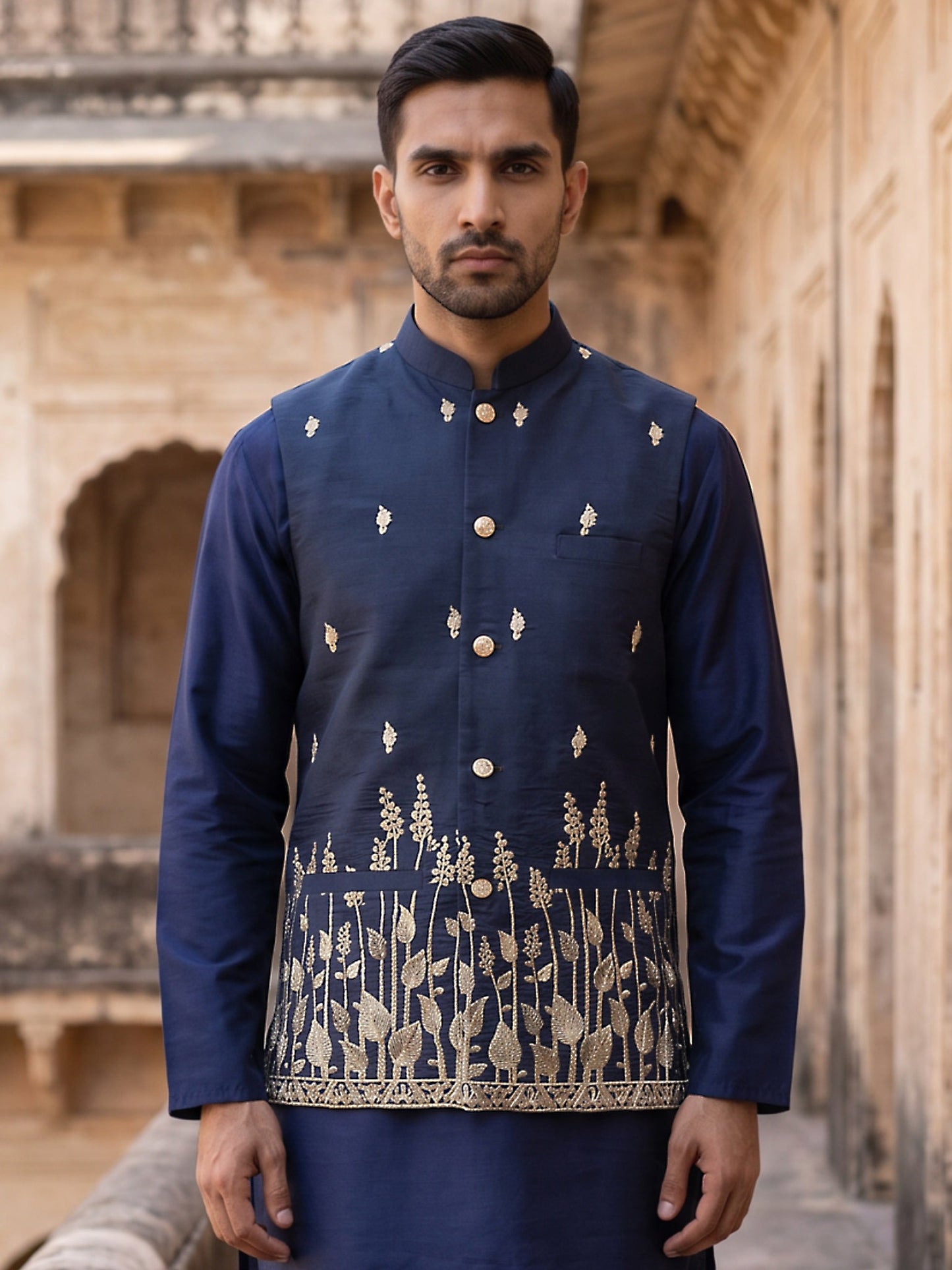 Men Silk Blend Embroidered Nehru Jacket ( 65WC 4182Navy )