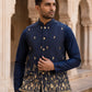 Men Silk Blend Embroidered Nehru Jacket ( 65WC 4182Navy )