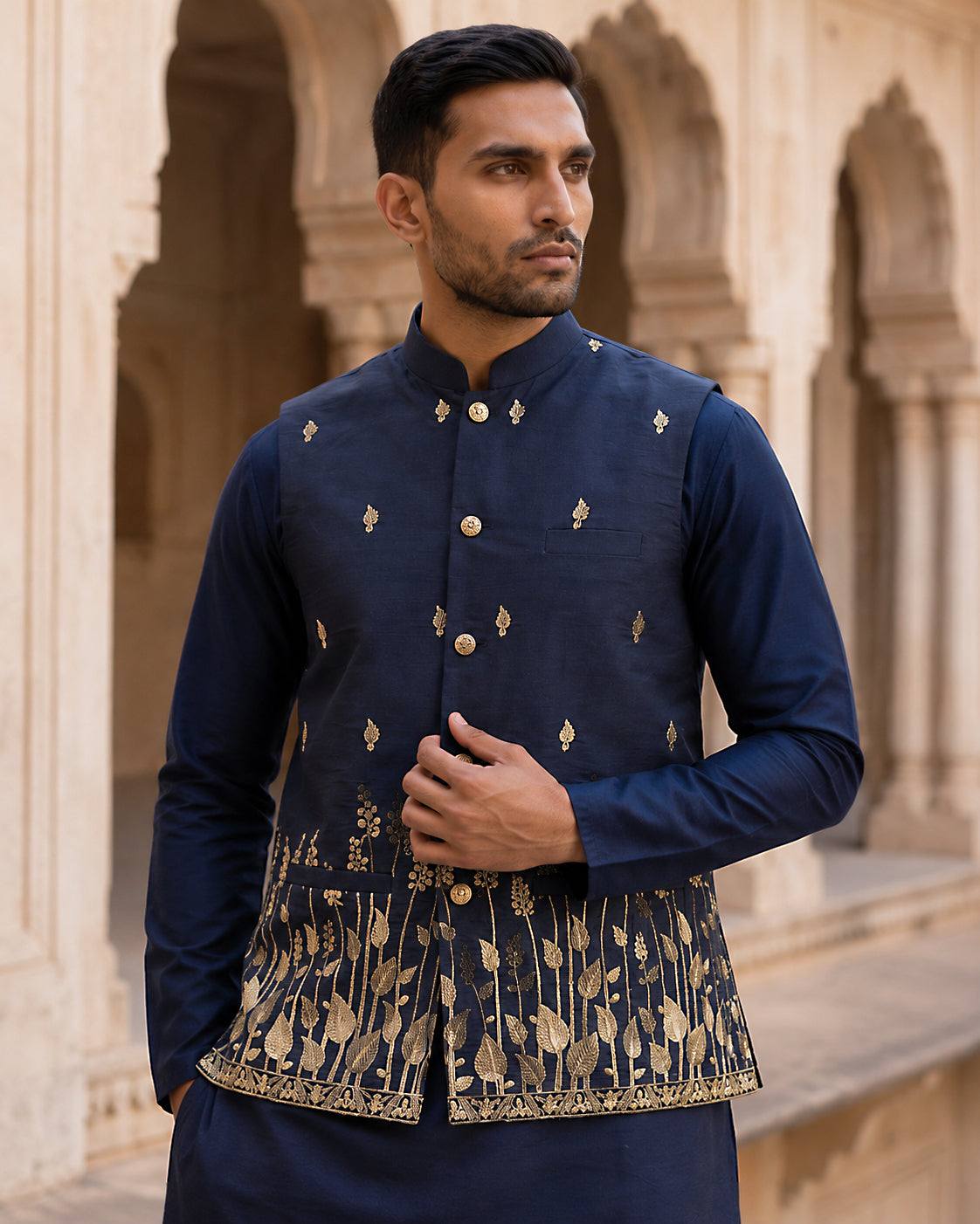 Men Silk Blend Embroidered Nehru Jacket ( 65WC 4182Navy )