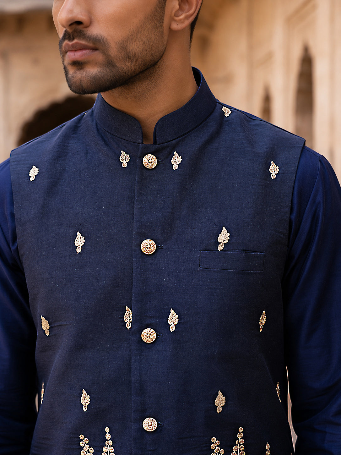Men Silk Blend Embroidered Nehru Jacket ( 65WC 4182Navy )