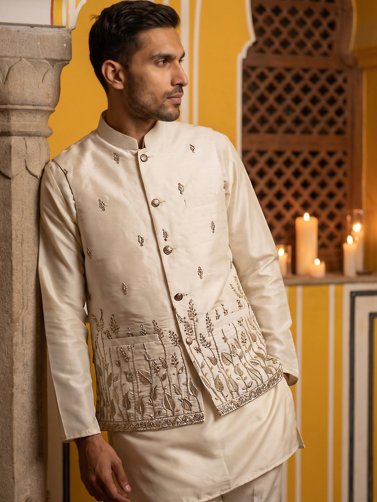 Men Silk Blend Embroidered Nehru Jacket ( 65WC 4182White )