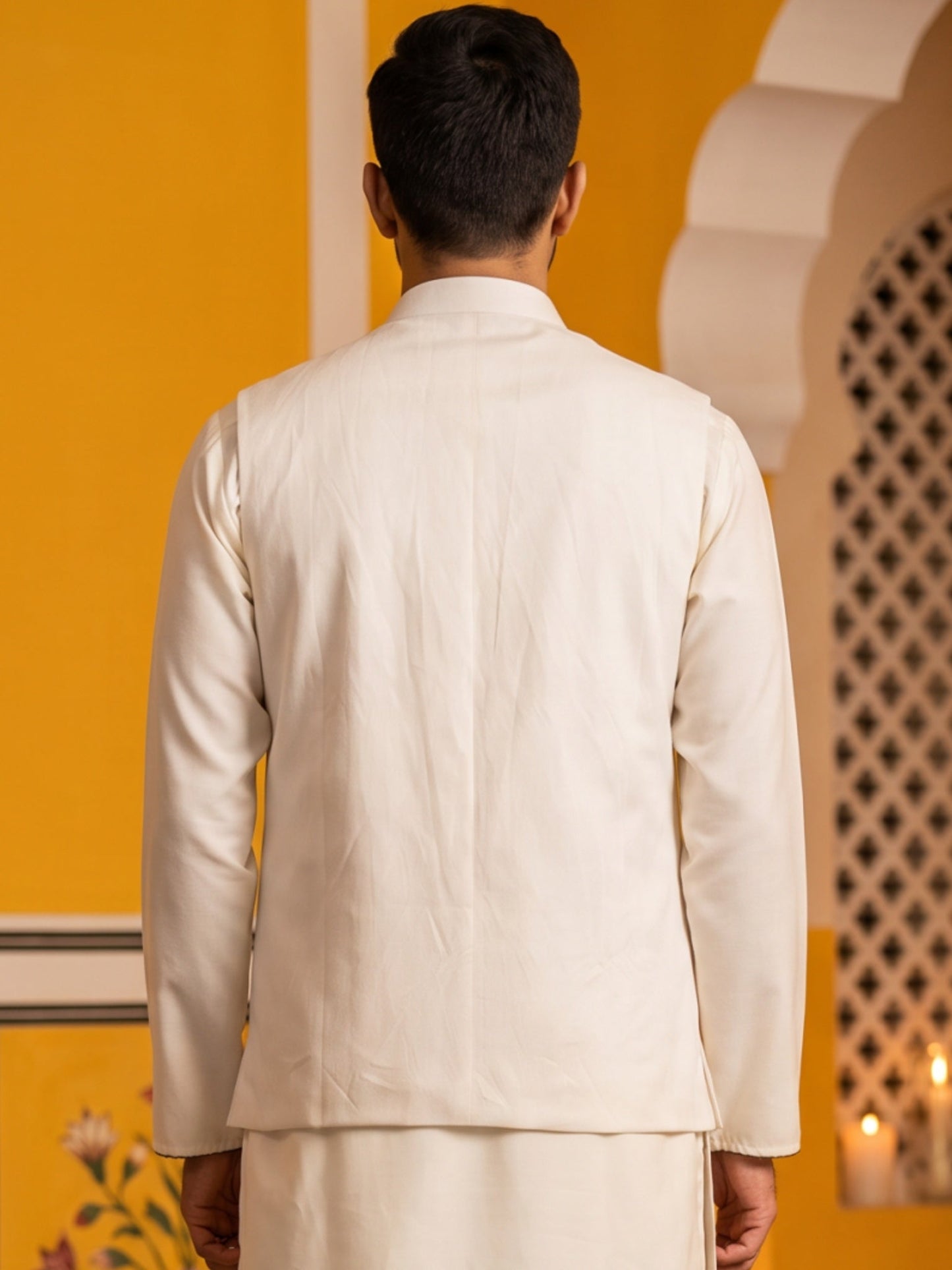 Men Silk Blend Embroidered Nehru Jacket ( 65WC 4182White )