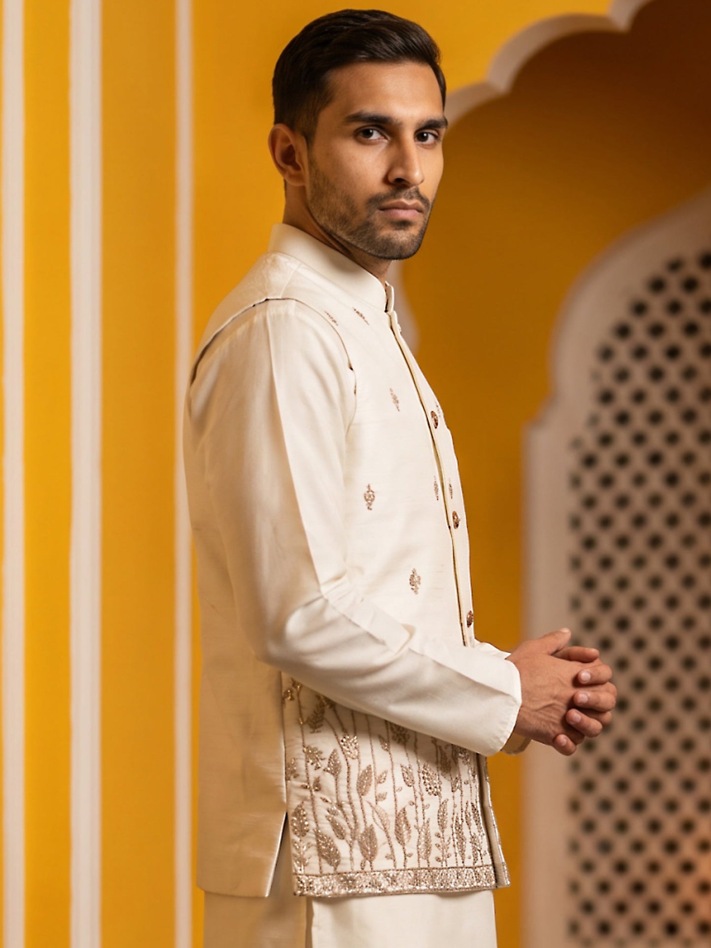 Men Silk Blend Embroidered Nehru Jacket ( 65WC 4182White )