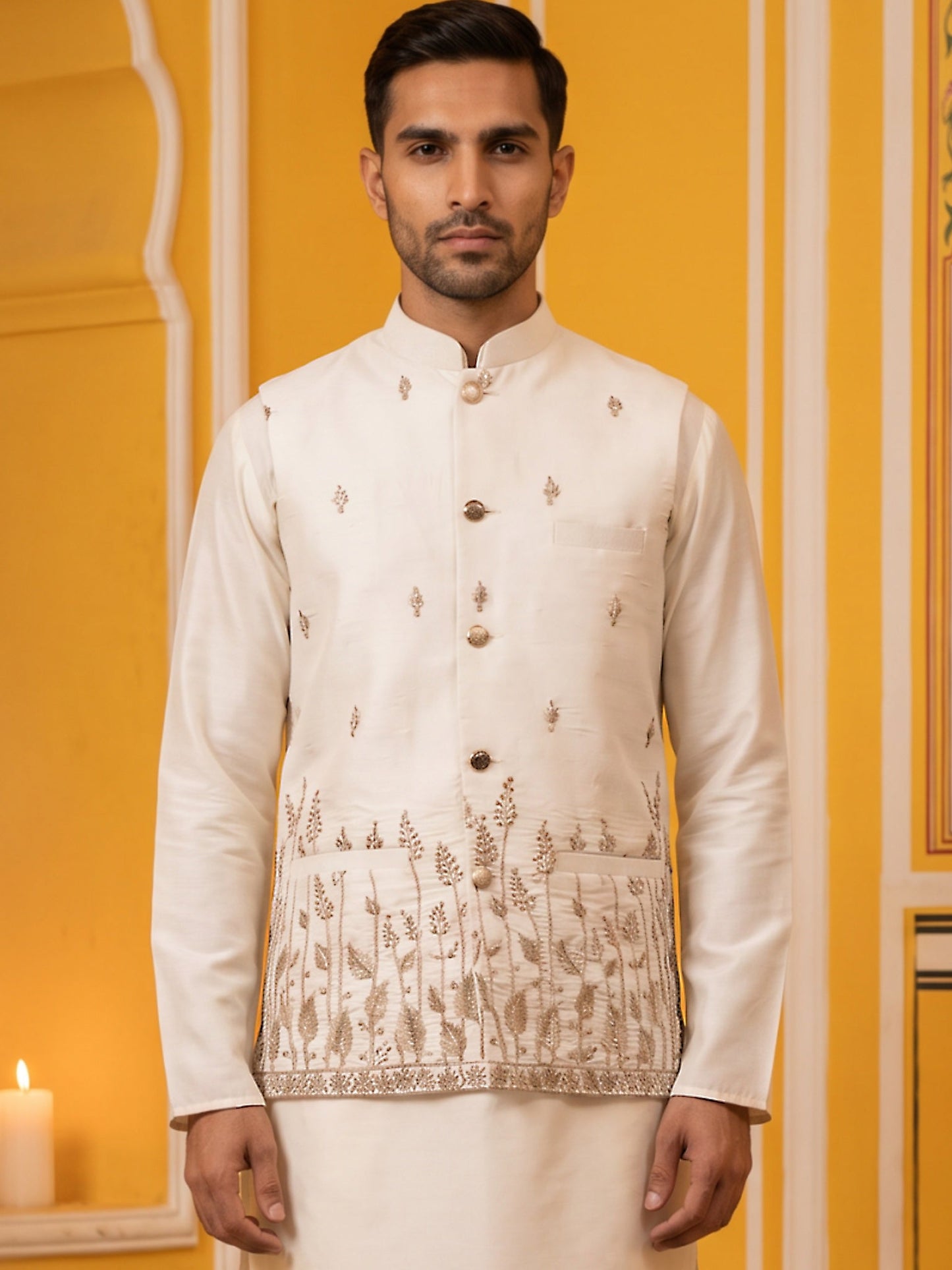 Men Silk Blend Embroidered Nehru Jacket ( 65WC 4182White )