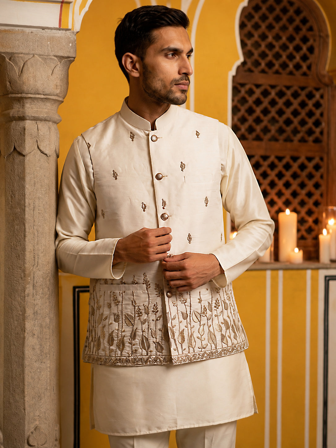 Men Silk Blend Embroidered Nehru Jacket ( 65WC 4182White )