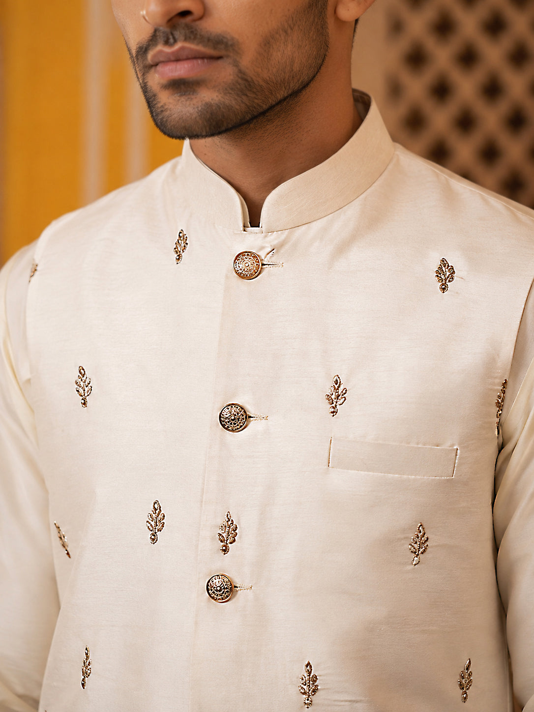 Men Silk Blend Embroidered Nehru Jacket ( 65WC 4182White )