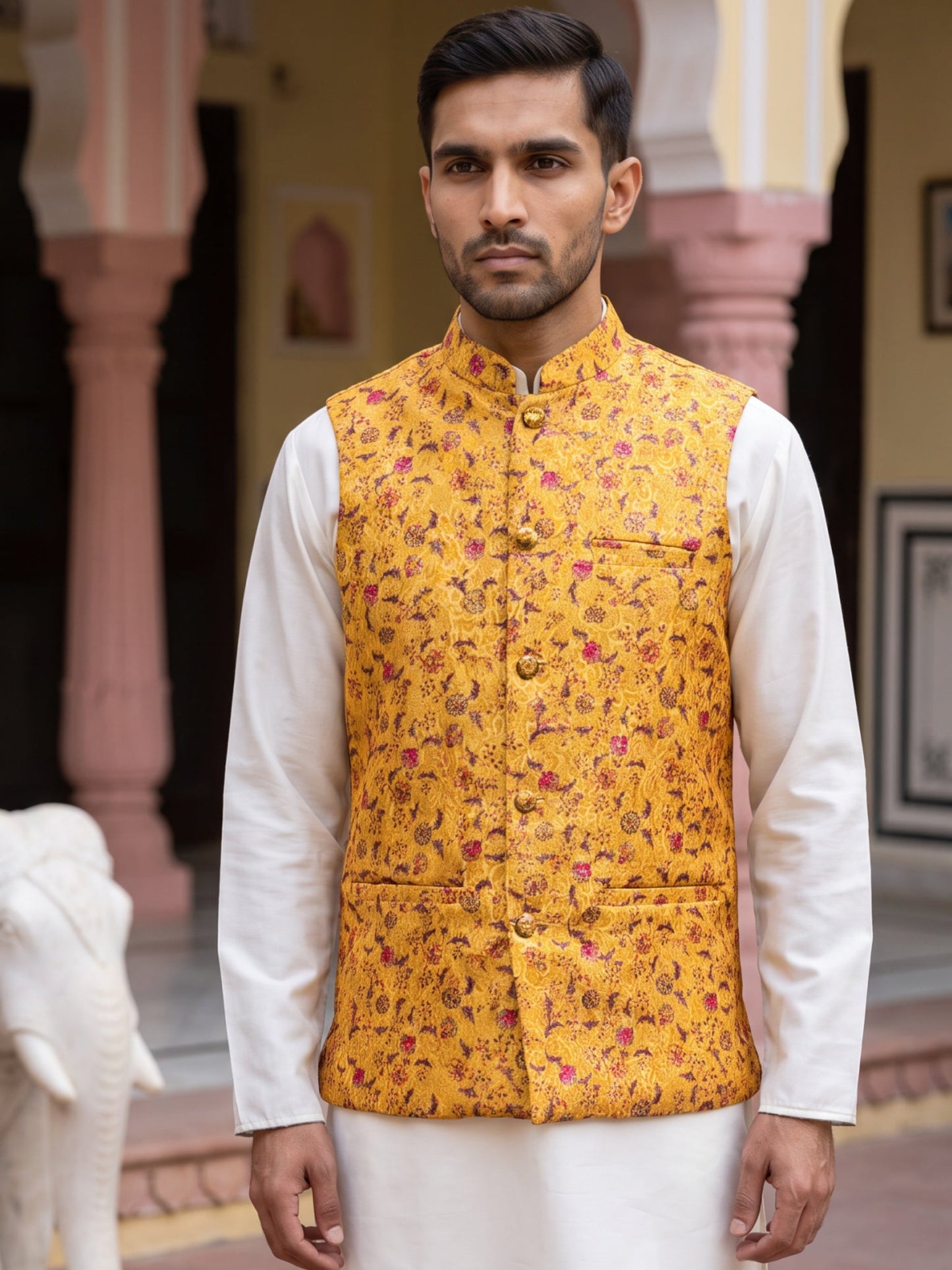 Men Jacquard Woven Design Nehru Jacket ( 65WC 4183Mustard )