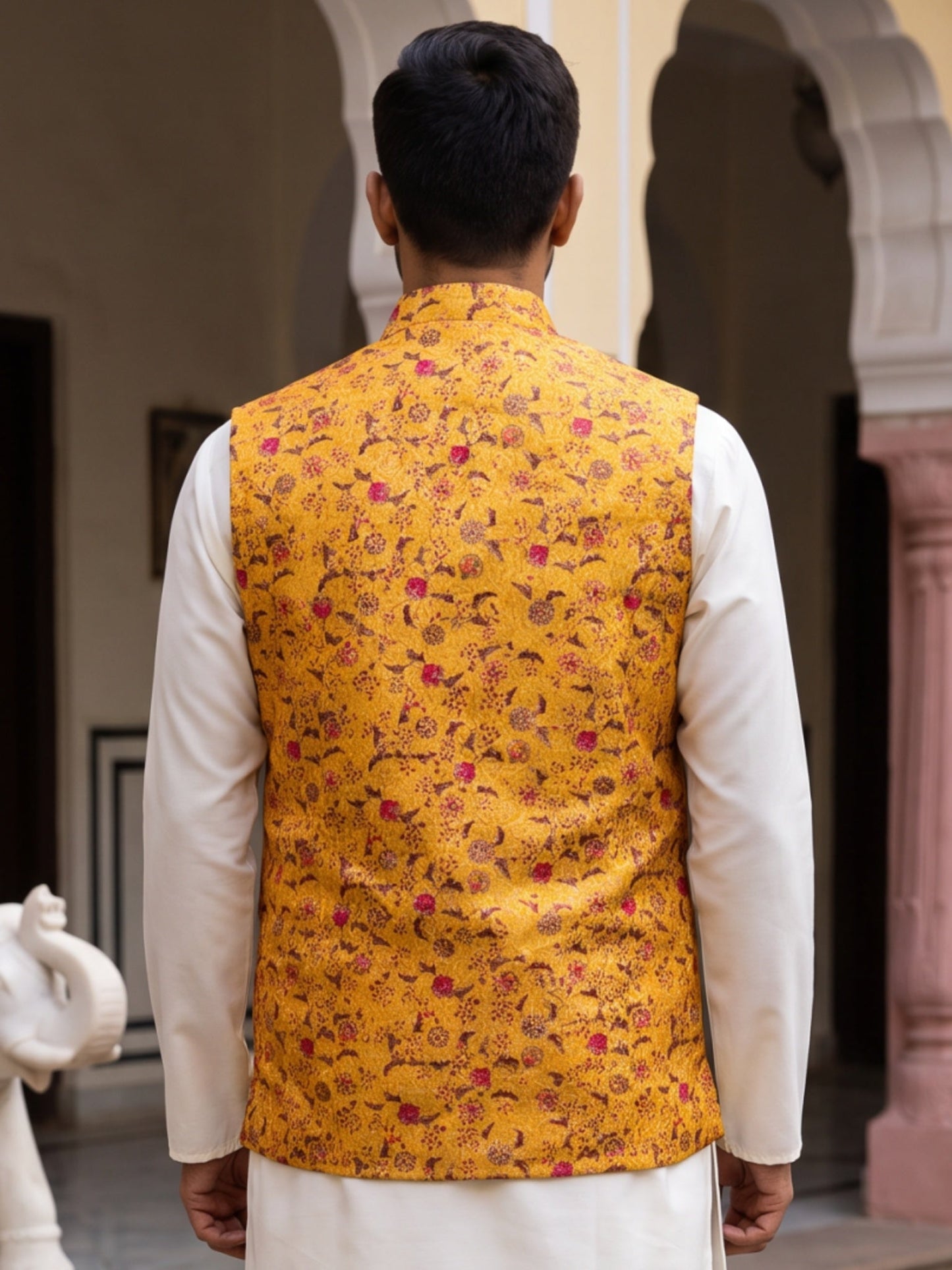 Men Jacquard Woven Design Nehru Jacket ( 65WC 4183Mustard )
