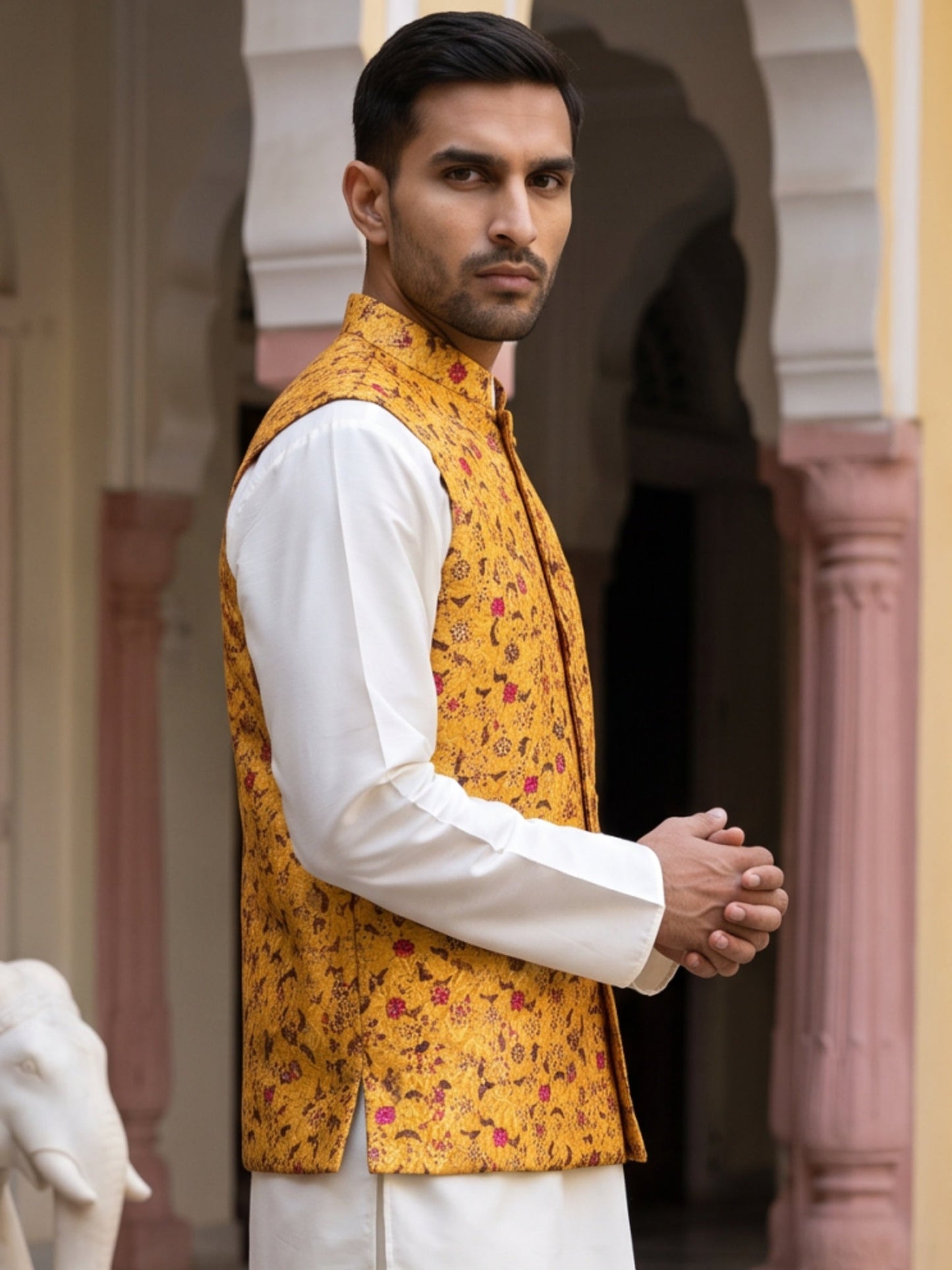 Men Jacquard Woven Design Nehru Jacket ( 65WC 4183Mustard )