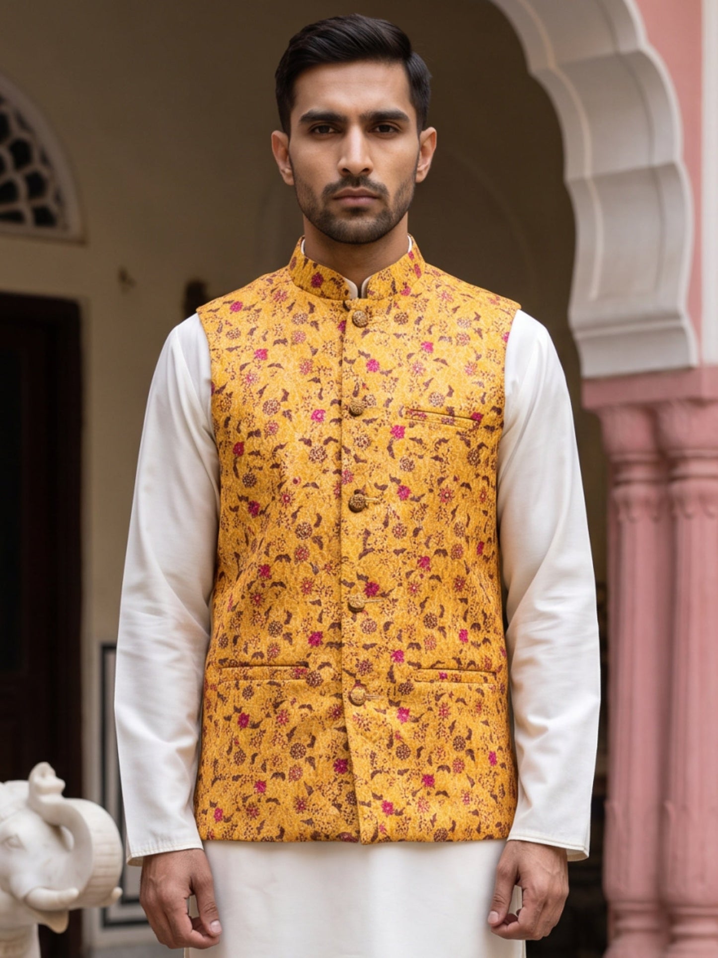 Men Jacquard Woven Design Nehru Jacket ( 65WC 4183Mustard )
