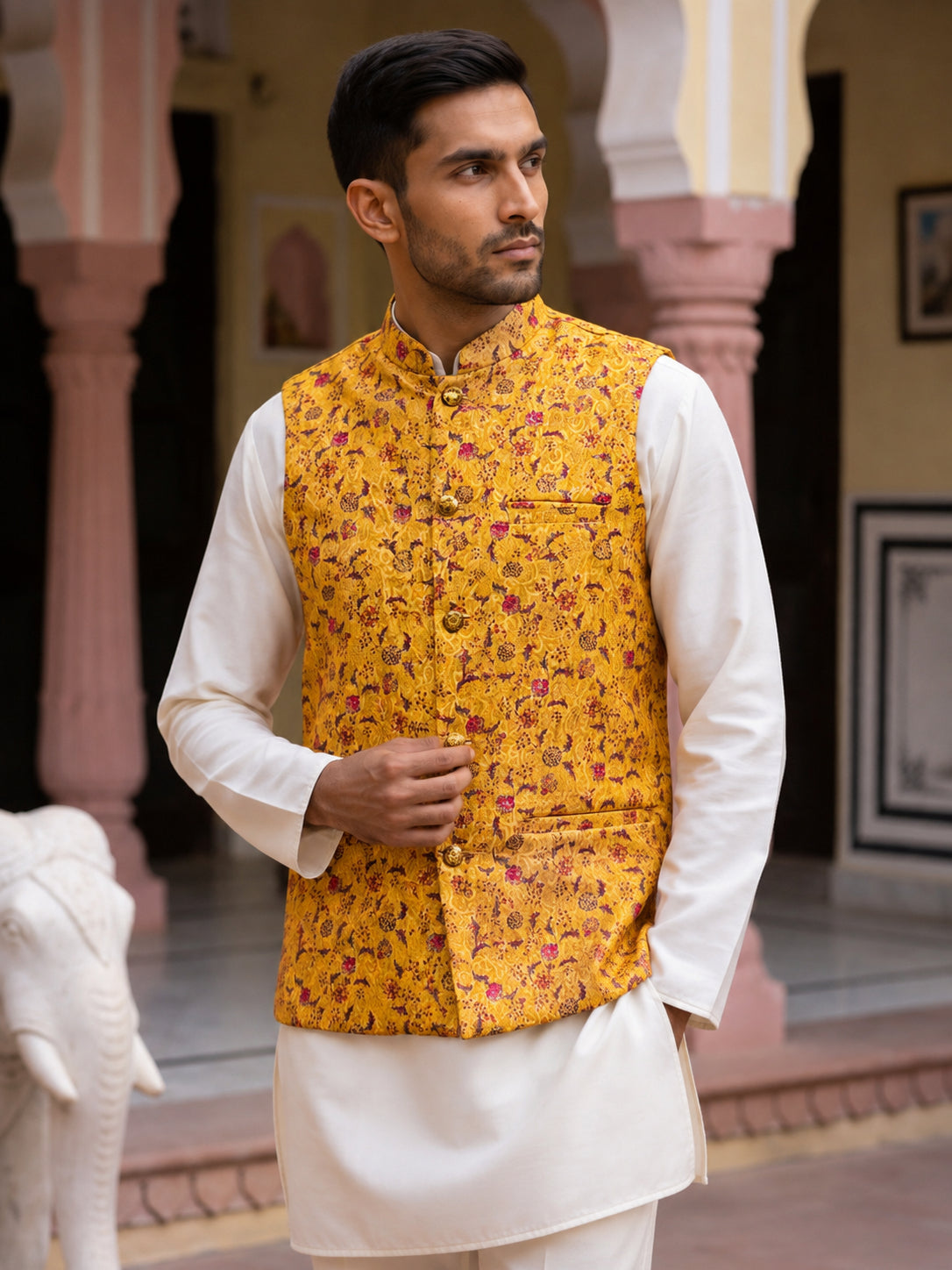Men Jacquard Woven Design Nehru Jacket ( 65WC 4183Mustard )
