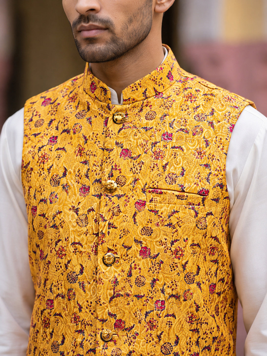 Men Jacquard Woven Design Nehru Jacket ( 65WC 4183Mustard )