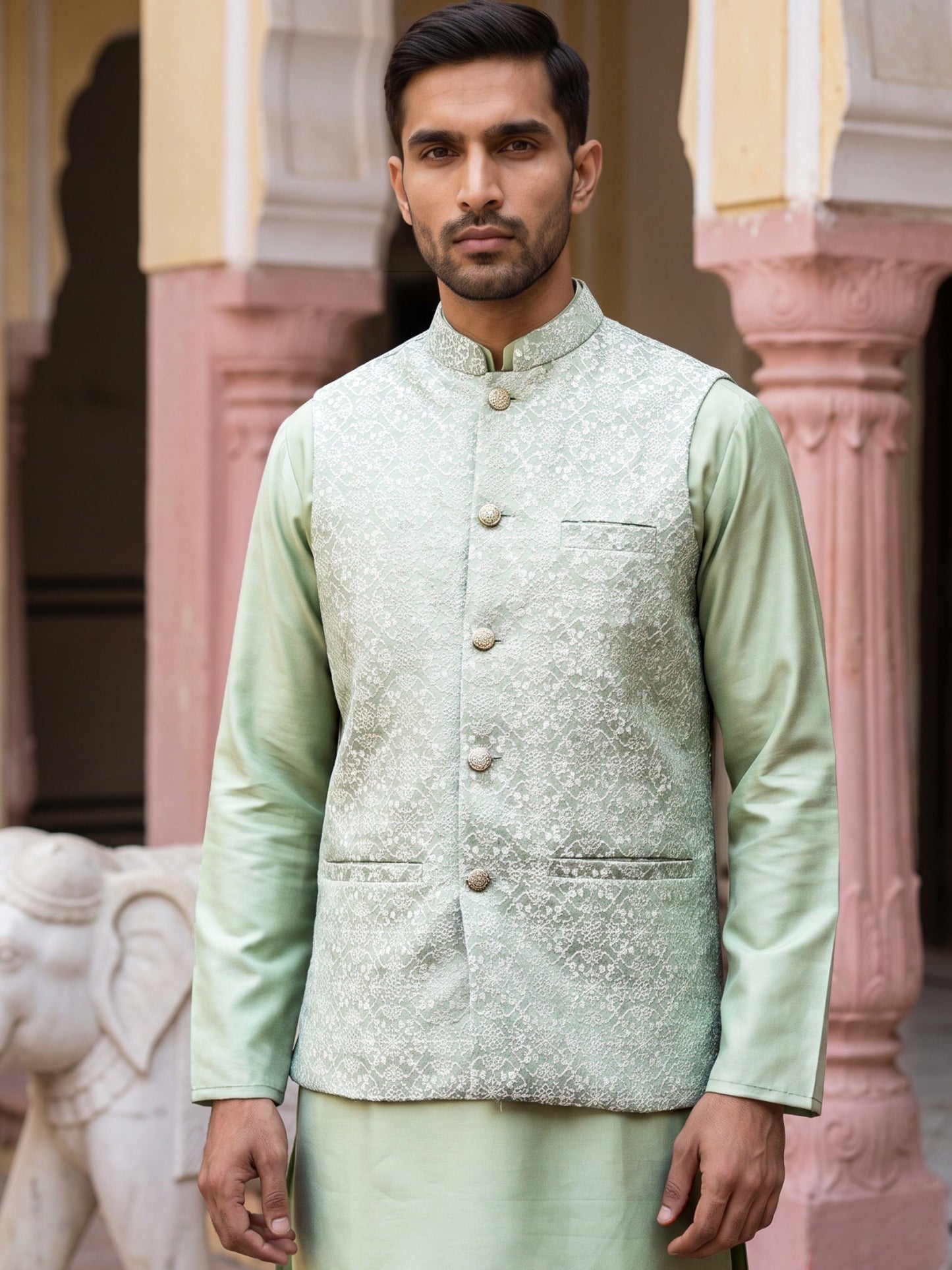 Men Jacquard Woven Design Nehru Jacket ( 65WC 4184Pista )