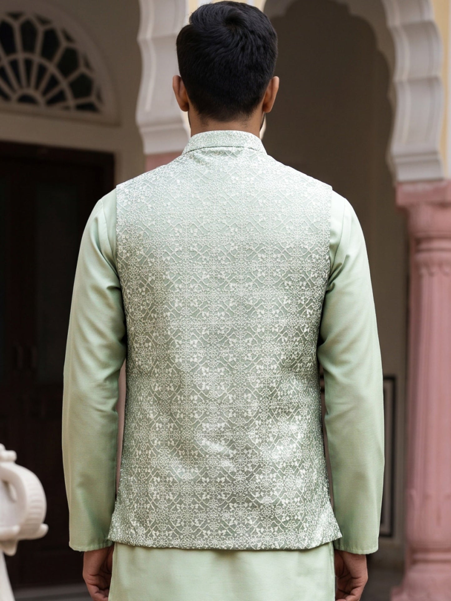 Men Jacquard Woven Design Nehru Jacket ( 65WC 4184Pista )