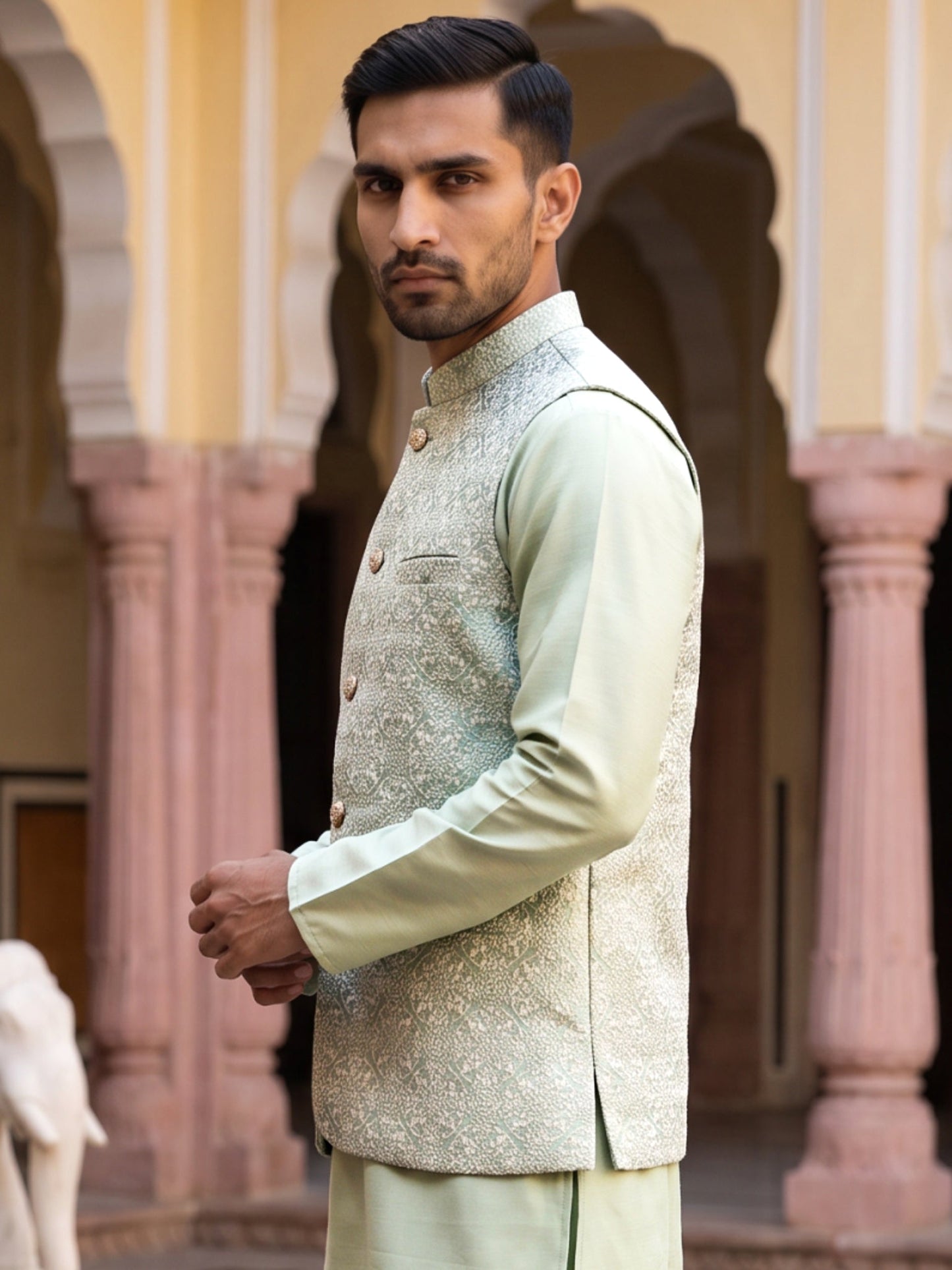 Men Jacquard Woven Design Nehru Jacket ( 65WC 4184Pista )