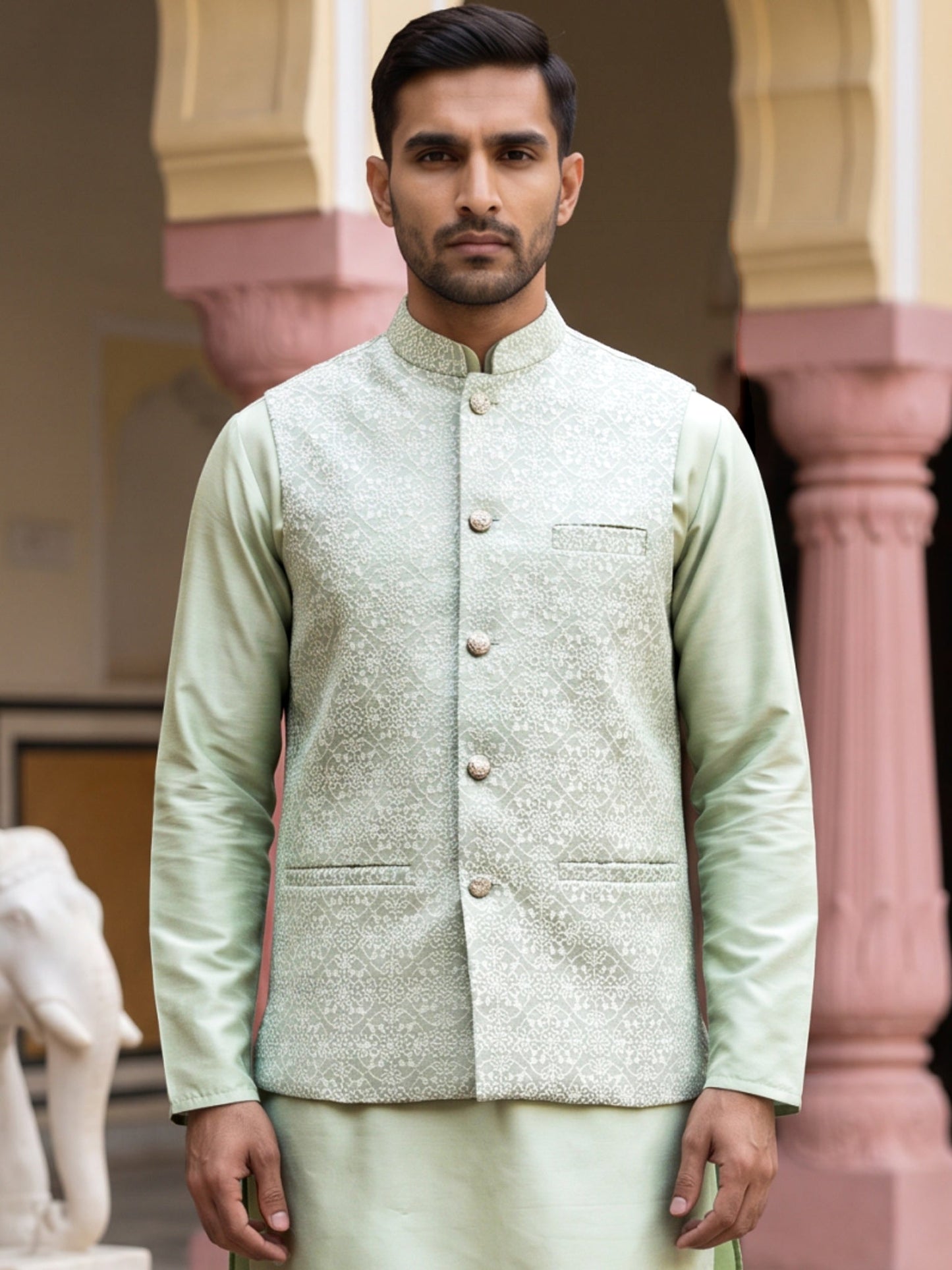 Men Jacquard Woven Design Nehru Jacket ( 65WC 4184Pista )
