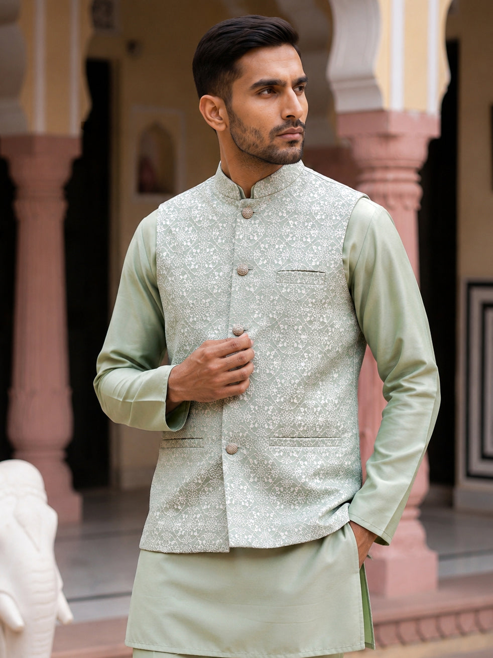 Men Jacquard Woven Design Nehru Jacket ( 65WC 4184Pista )