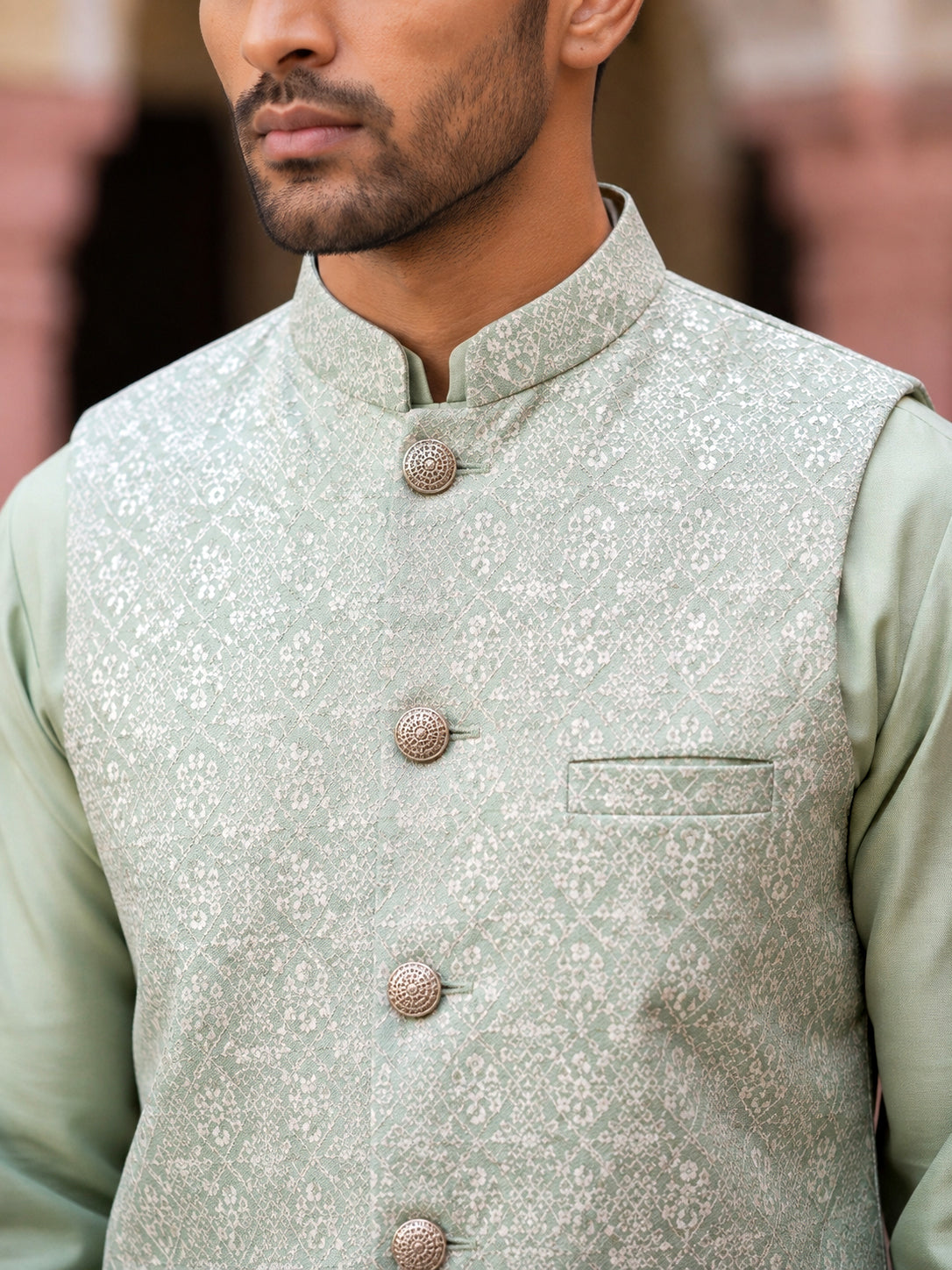 Men Jacquard Woven Design Nehru Jacket ( 65WC 4184Pista )