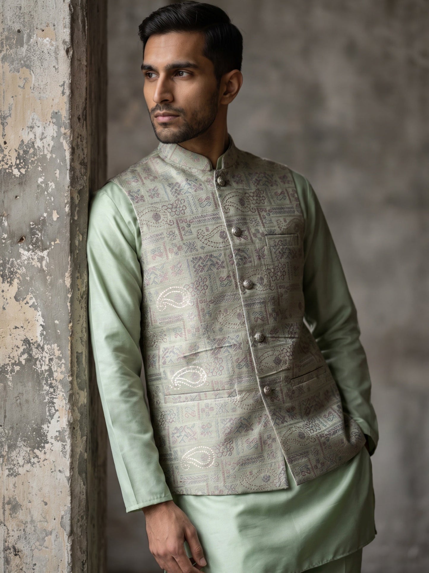 Men Jacquard Woven Design Nehru Jacket ( 65WC 4185Pista )