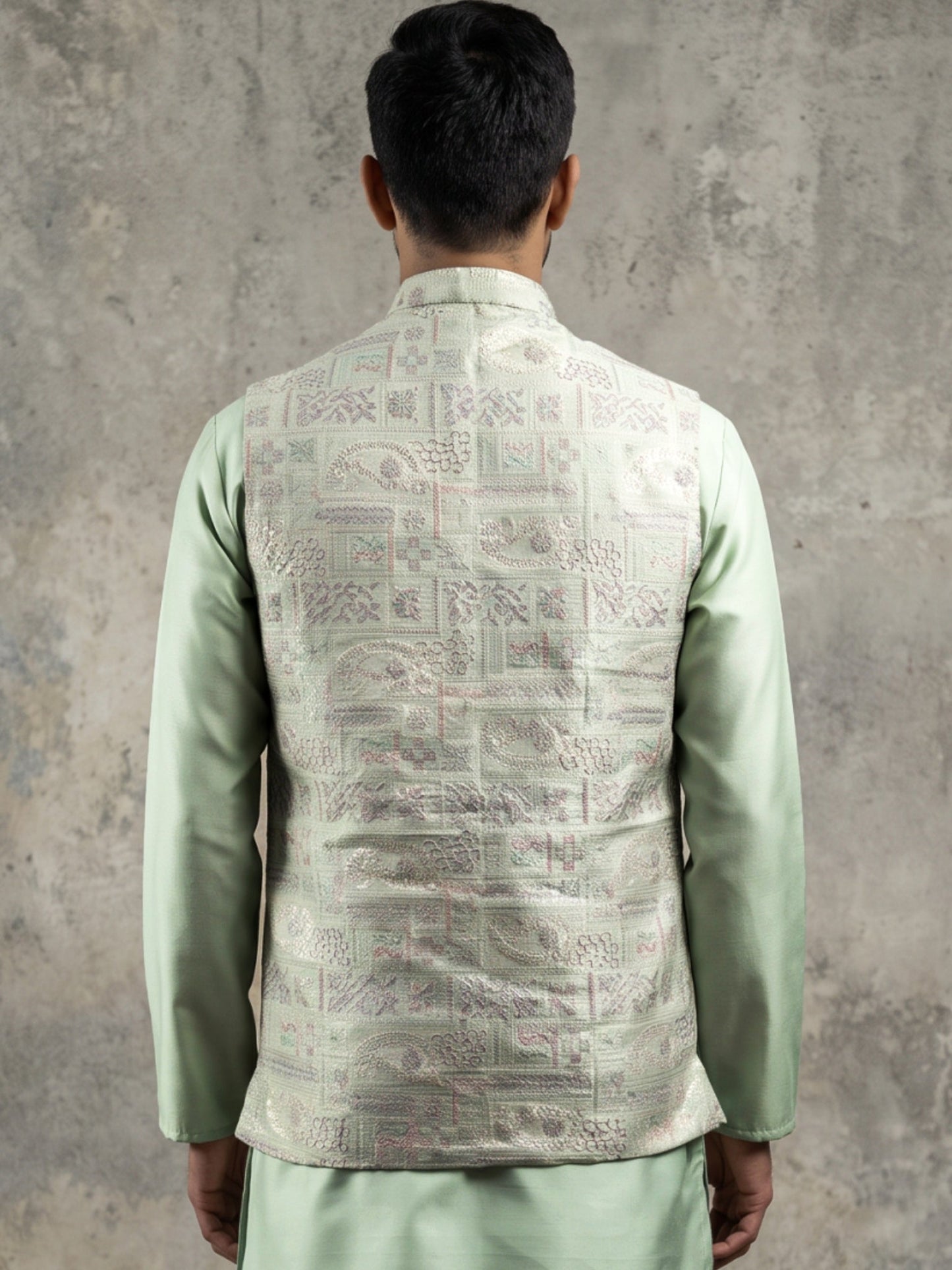 Men Jacquard Woven Design Nehru Jacket ( 65WC 4185Pista )