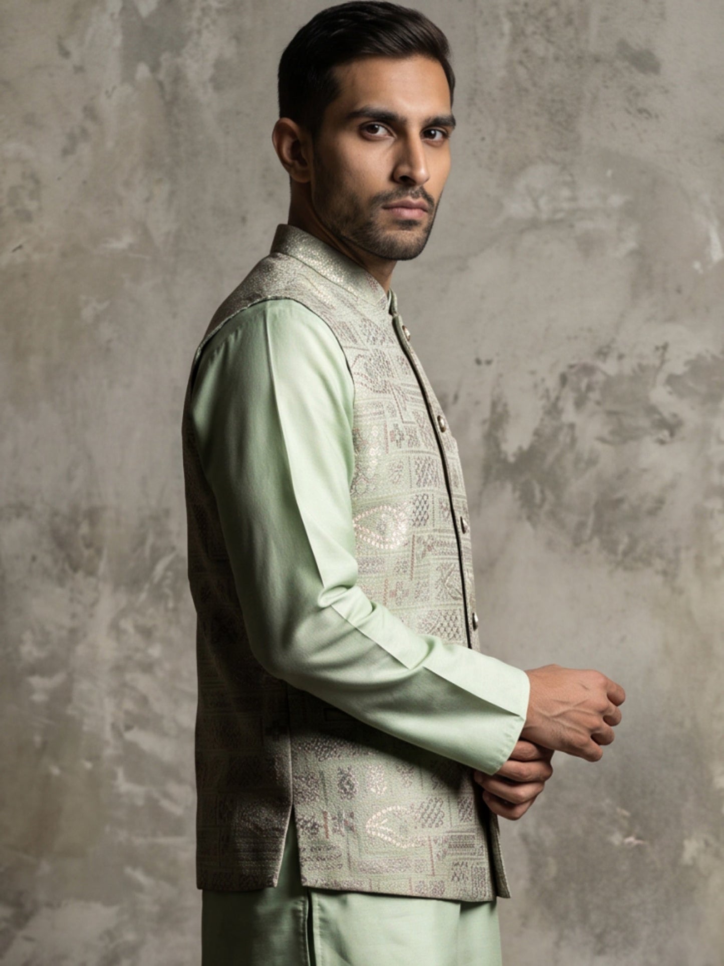 Men Jacquard Woven Design Nehru Jacket ( 65WC 4185Pista )